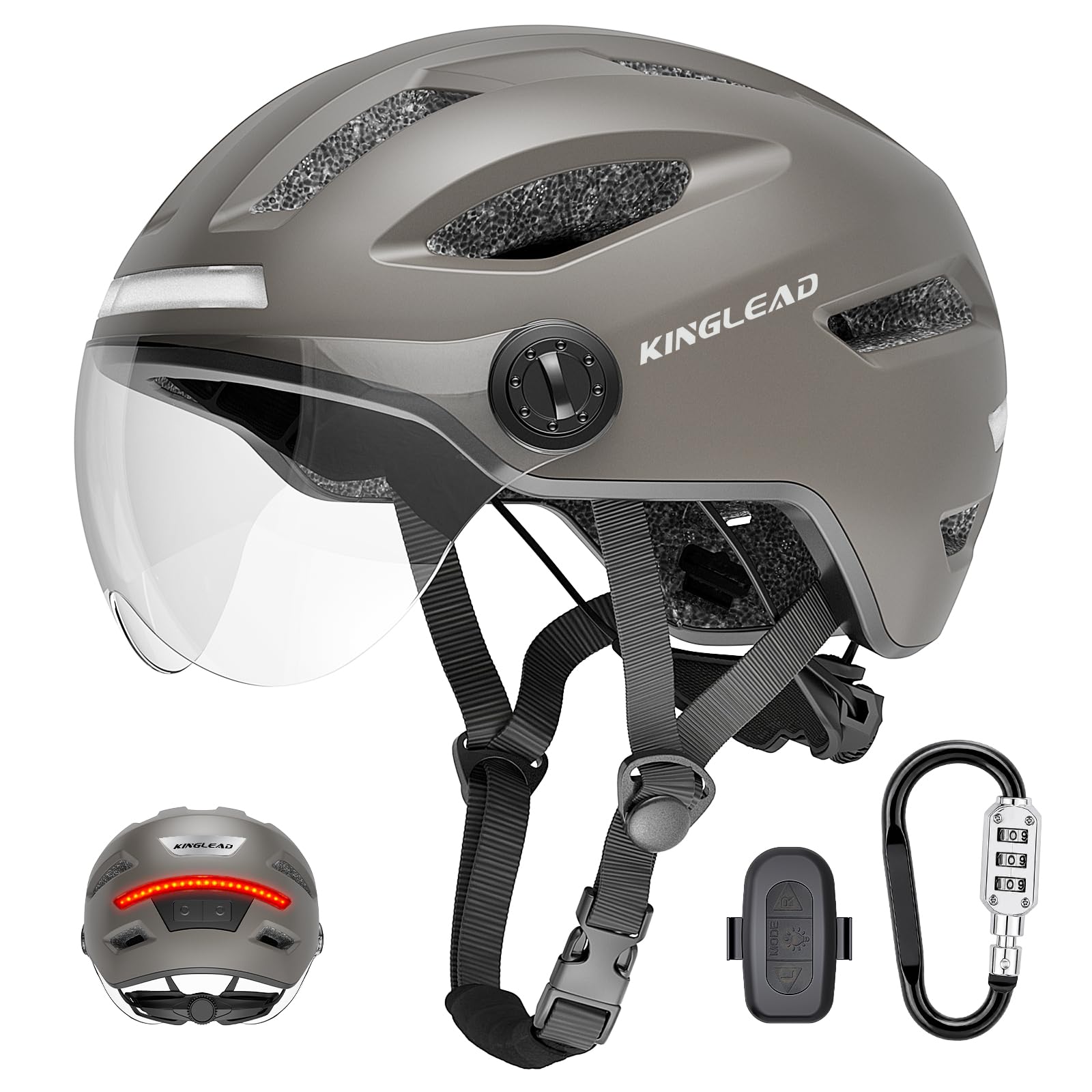 KINGLEAD Casque de vélo pour homme et femme avec clignotant, lumière et visière, casque de vélo adulte avec feu arrière LED USB, télécommande, casque de vélo électrique réglable pour Pedelec, scooter