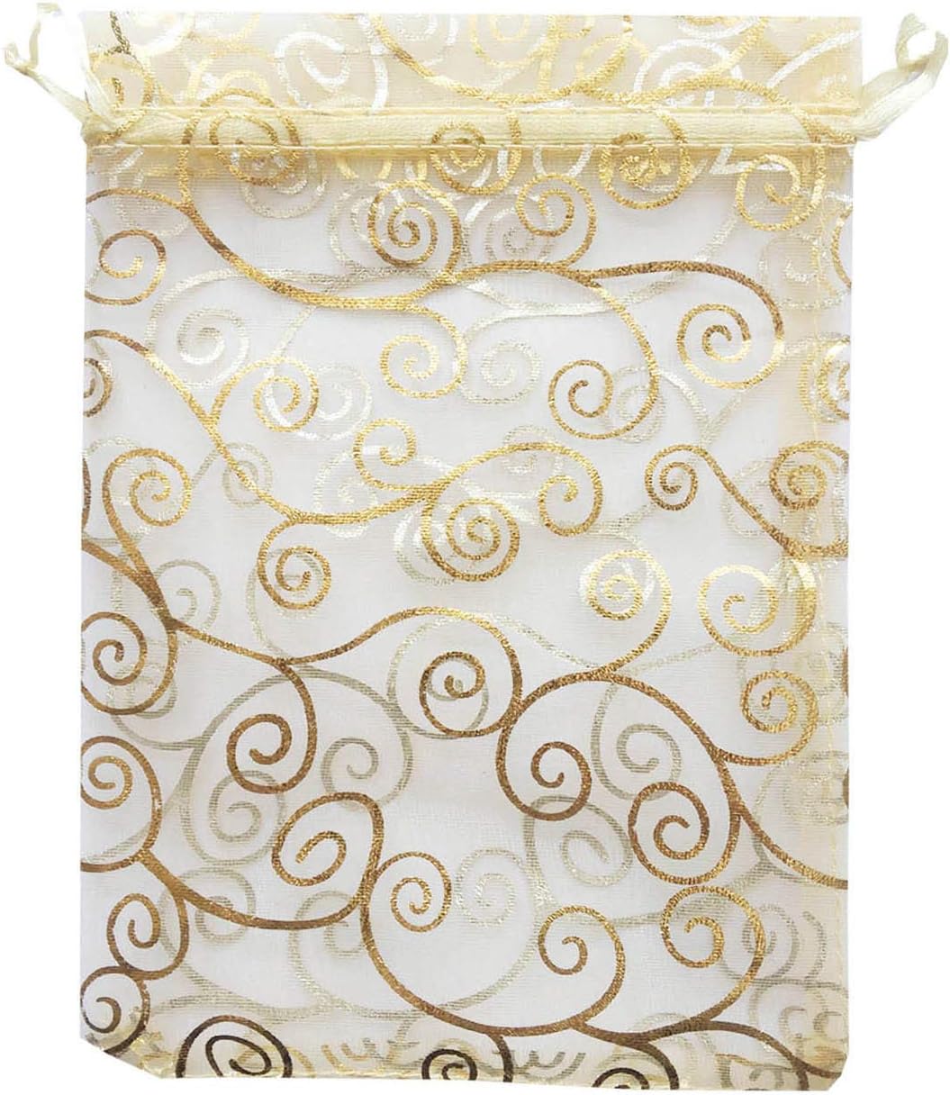 100 Pcs 5x7 inch Gift Wrap Bags Gold Rattan, Organza Sheer Clear Tulle Fabric, Drawstring Mesh Bags for Baby Shower Favor, Jewelry, Birthday Party Favor,Sachet,Christmas Favour,Craft Business,Jewelery