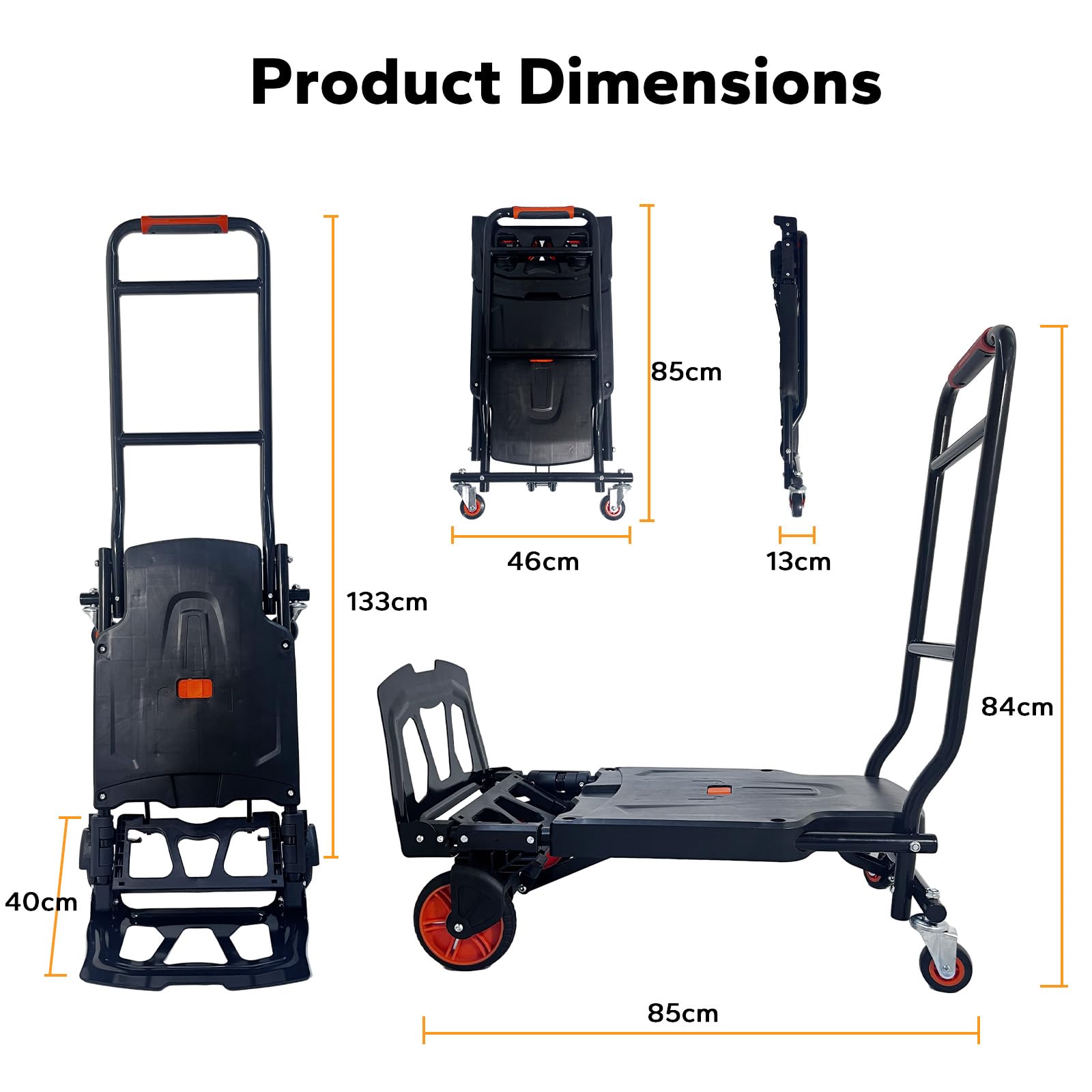 2-in-1 Sackkarre Klappbar 200 kg Tragkraft, Ohne Montage, Kombiniert Plattformwagen und Sackkarre – Ideal für Umzug & Garten, Orange