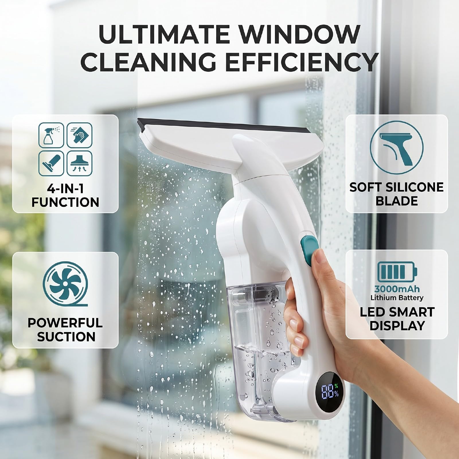 Aspiradora inalámbrica 4 en 1 para ventana, escobilla de ventana recargable con función de pulverización, 20000 RPM con pantalla LED de batería para vidrio, ventana, espejo