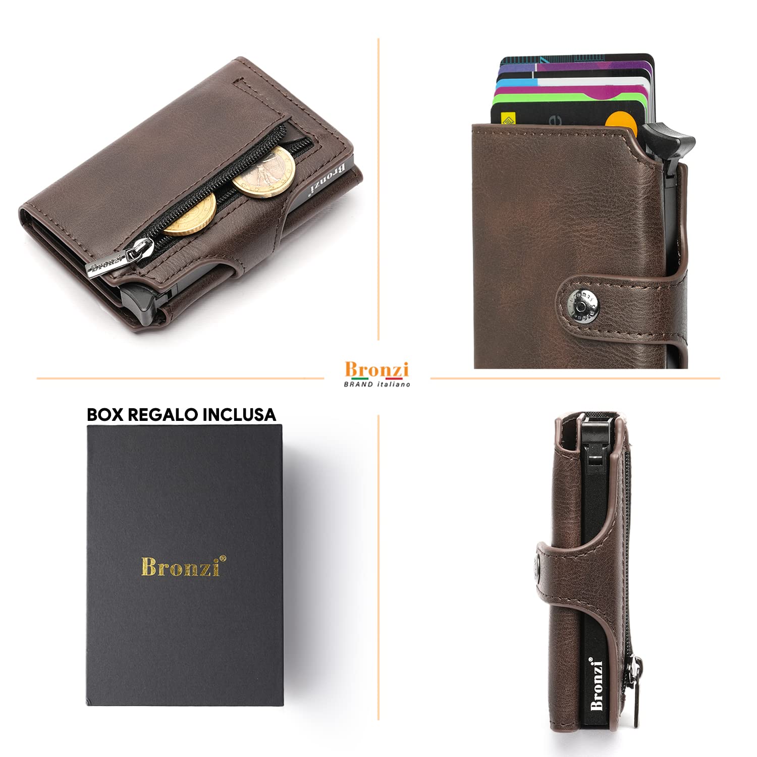Bronzi Portafoglio Portafoglio Uomo Slim - In Pelle Marrone - Porta Carte Credito - Portacarte uomo - Mini Porta Tessere (Marrone)