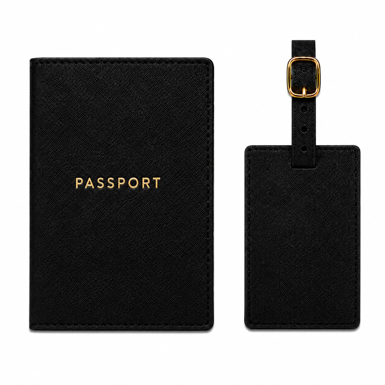 Eccolo Passport Cover Holder And Luggage Tag Set In Gift Box, Saffiano Classic Black