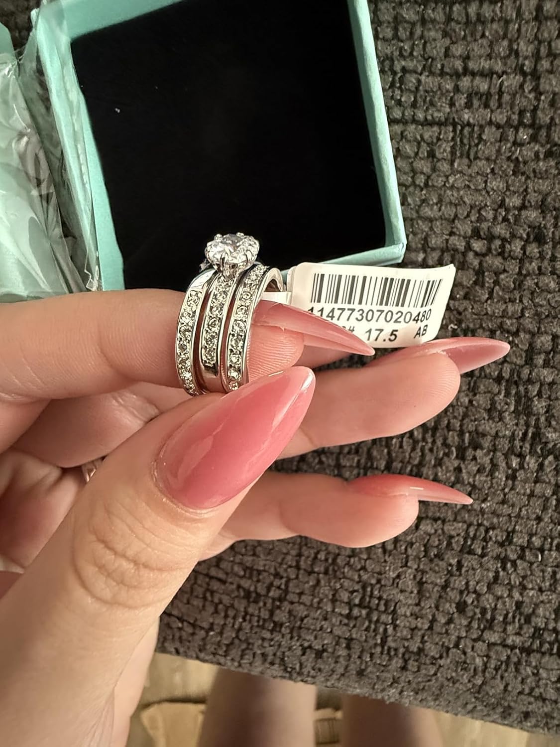 3-Piece Bridal Ring Set for Women, 18K White Gold Plated Cubic Zirconia Engagement Wedding Band, Round Cut Solitaire Promise Ring Travel Jewelry Gift Size 7