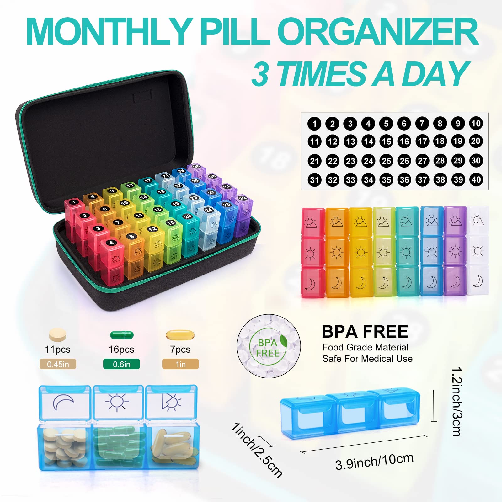 Pastillero mensual 3 veces al día, estuche duro extra grande de viaje, organizador diario de 30 días con 32 compartimentos, caja de almacenamiento de medicamentos