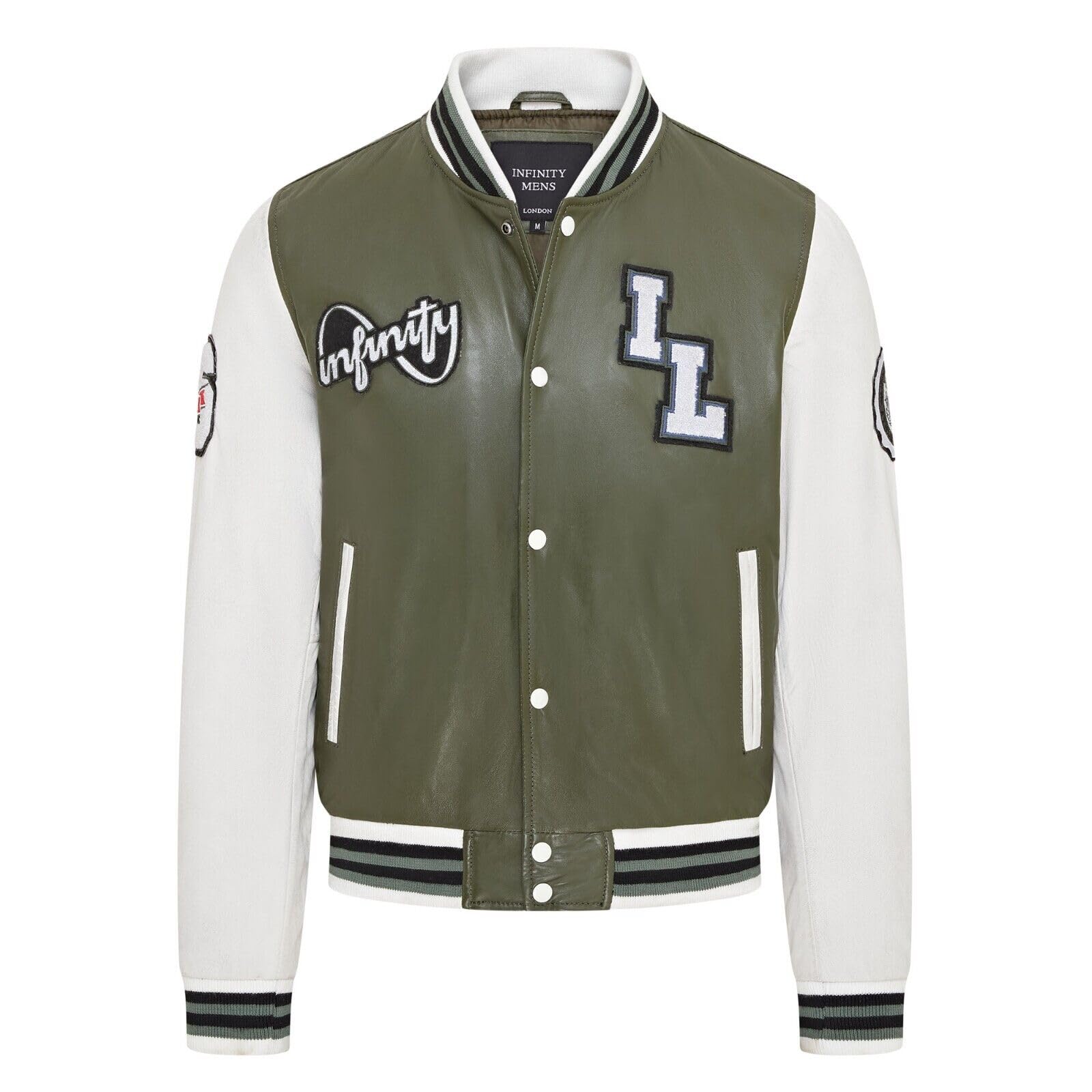 Infinity Leather Men's Green/White Baseball Leather Letterman Bomber Jacket
