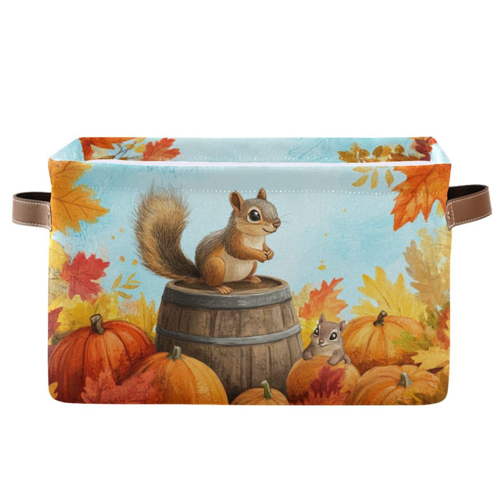 Aslsiy Storage Basket Fall Squirrel Pumpkins Maple Nursery Bins Blue Sky Baby Box Canvas Clothes Shelf Basket Laundry Hampers 1 Pcs