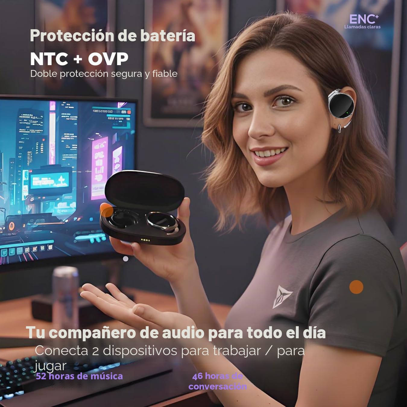 Auriculares in-ear Bluetooth 5.4, cancelación de ruido, clip en forma de gota de agua, Bluetooth con 4 micrófonos, ganchos para orejas cómodos