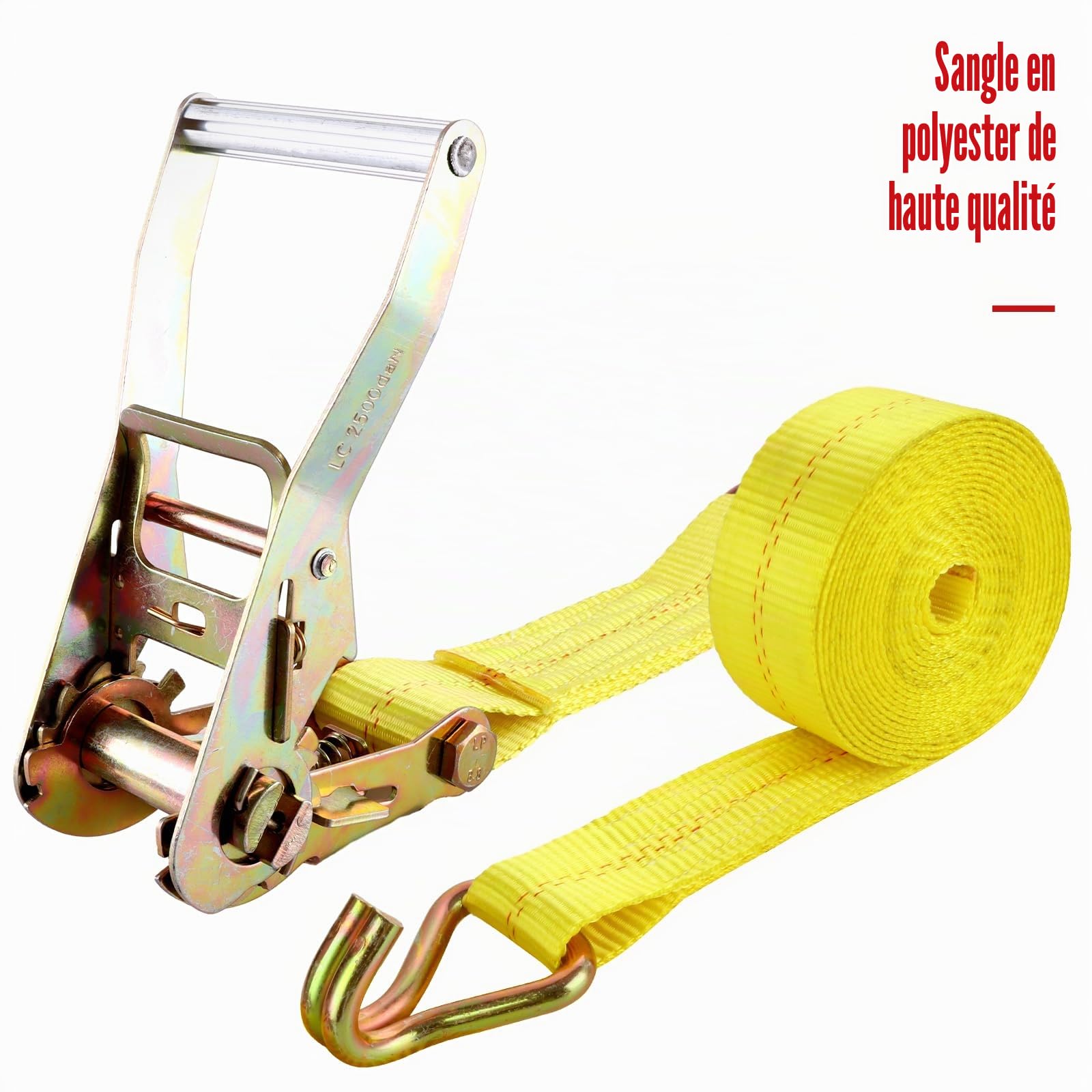 Lot de 4 sangles d'arrimage à cliquet et crochets, 5 m x 50 mm de large, en deux parties, charge lourde, 4000 kg, jaune, pour sécuriser le chargement, l'enlèvement des bagages et le camping