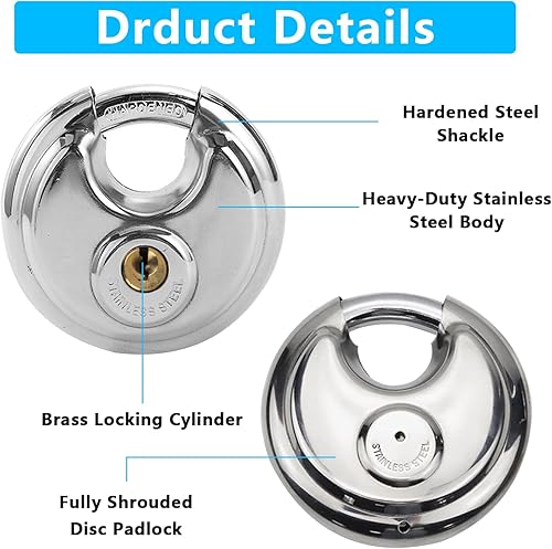 Miniatura 3 de 2 candados de disco para unidad de almacenamiento, candados con llave de 2-34 pulgadas, bloqueo de disco de acero inoxidable resistente, cerraduras
