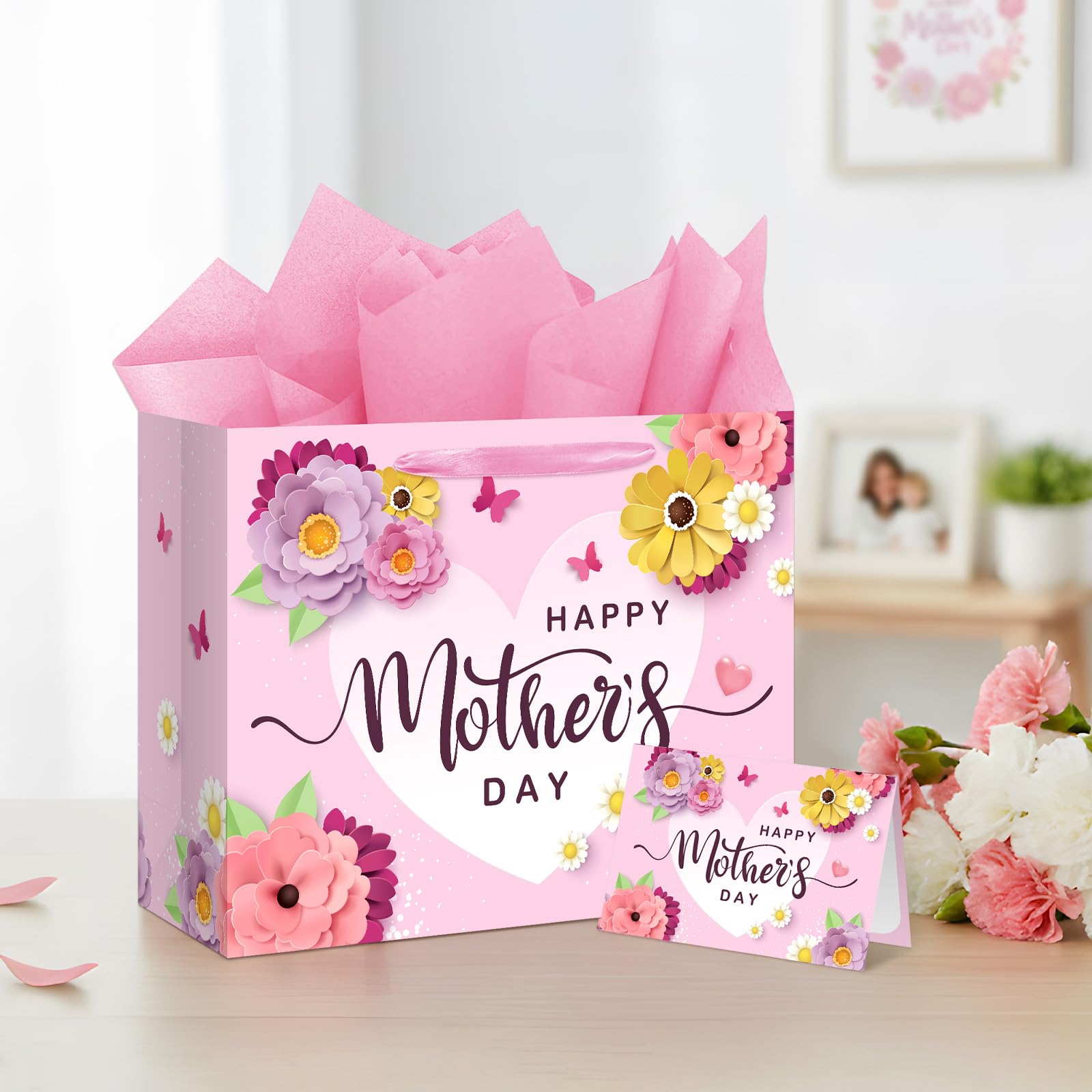 13" Happy Mother's Day Gift Bag with Card and Tissue Paper Large Pink Floral Mom's Party Paper Gift Bag Mom Present Bags with Handle Mother Parties Bags for Happy Mothers Day Party Decorations 1Pcs