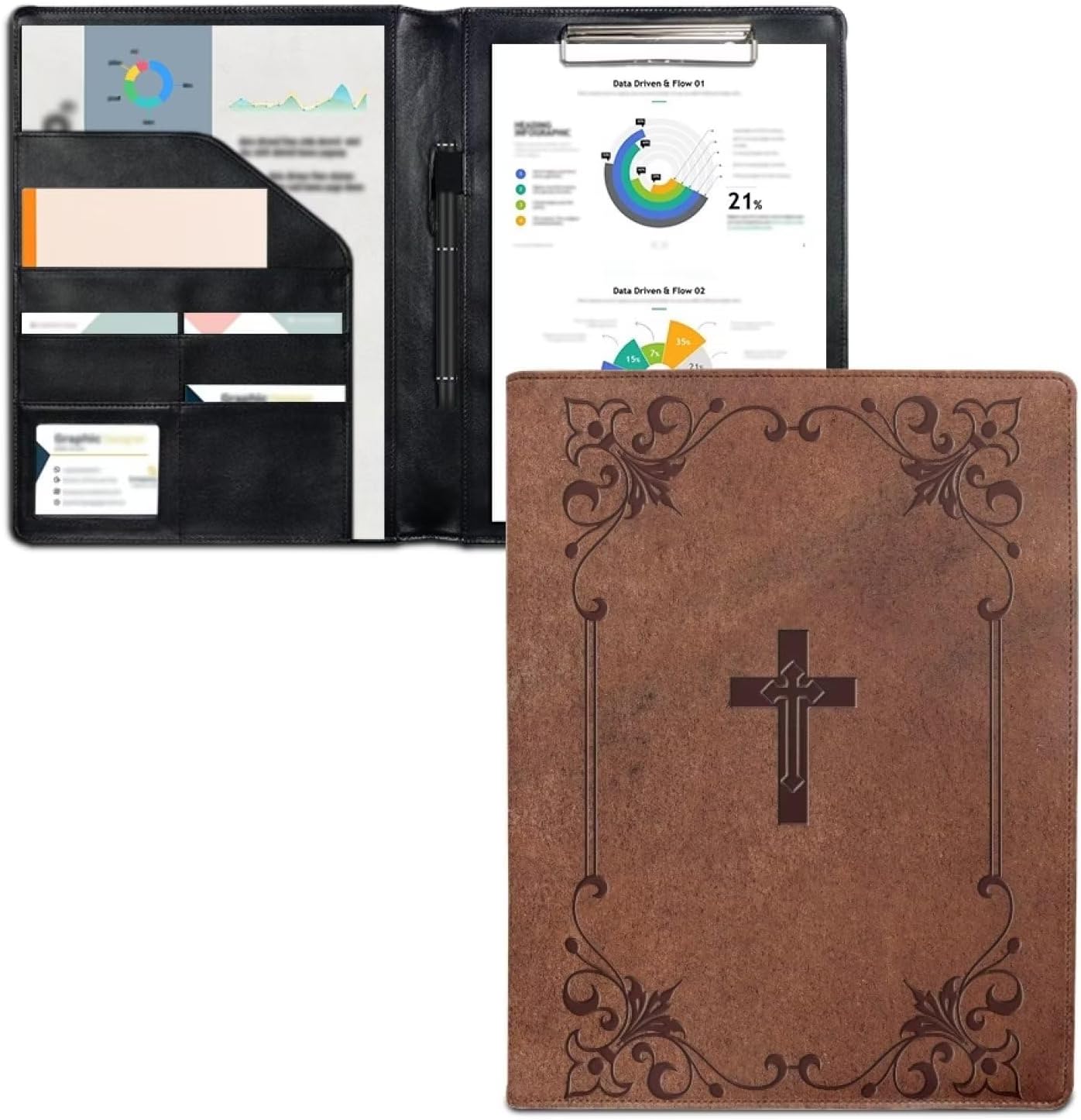 Cross Printed Portfolio Binder PU Leather Padfolio File Folder Notepad Business Legal Document Holder with Pockets Business Card Organizer, Writing Pad