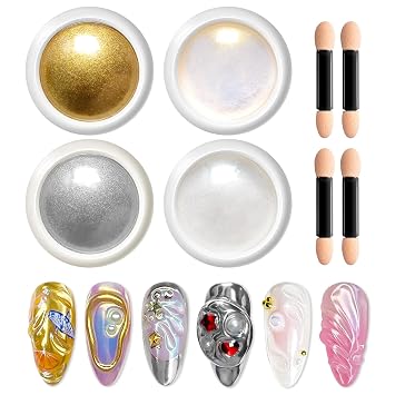 Gold Chrome Nail Powder – Magischer Spiegeleffekt Holo Nagelpulver Glänzendes Silber Nagelglitzerpulver Weiße Perle Chromfarbener Nagelpuder Meerjungfrau-Aurora-Effekt für Nagelstudio DIY