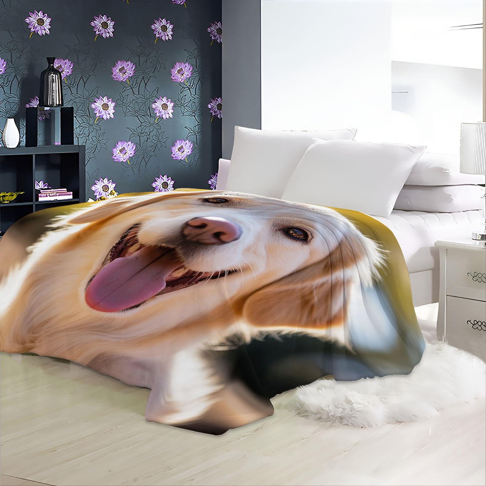 Prezent Golden Retriever Flanelowy Koc Puszysty Kremowy Prezent na Walentynki Rocznica Urodziny Żona i Mąż Dziewczyna Chłopiec 180 X 200 cm