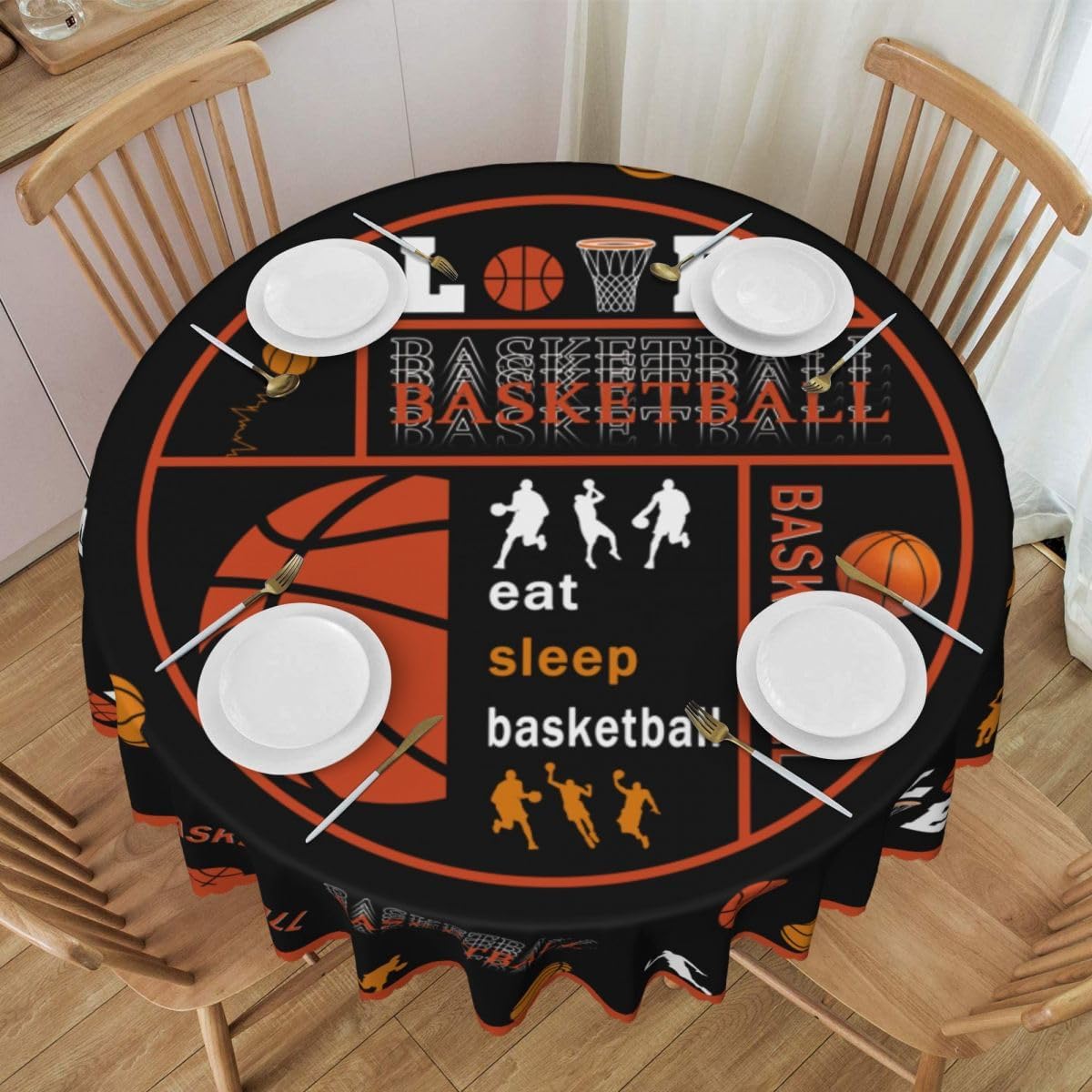 Basketball Tablecloth, Boys Sports Ball Game Basketball Player Gaming Cool Water Resisitant Wipeable Table Cover for Boys Teens Bedroom Kitchen Living Room Home Party Holiday Decor 70 inch Round