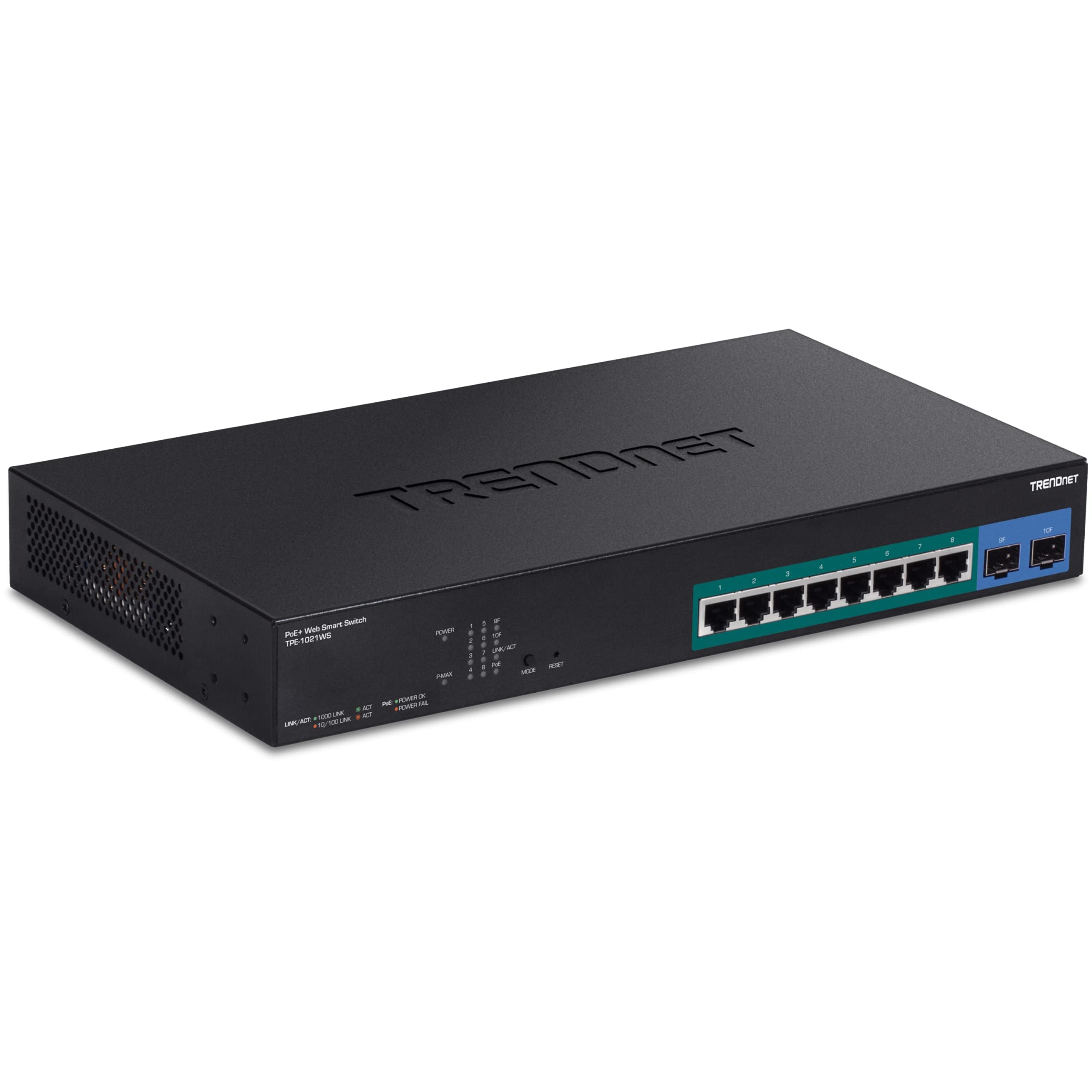 TRENDnet, TPE-1021WS, Commutateur Gigabit Web Smart PoE+ 10 Ports avec 8 Ports Gigabit PoE+, 2 emplacements SFP, Budget PoE 130 W, VLAN, QoS, LACP, routage Statique IPv4/IPv6