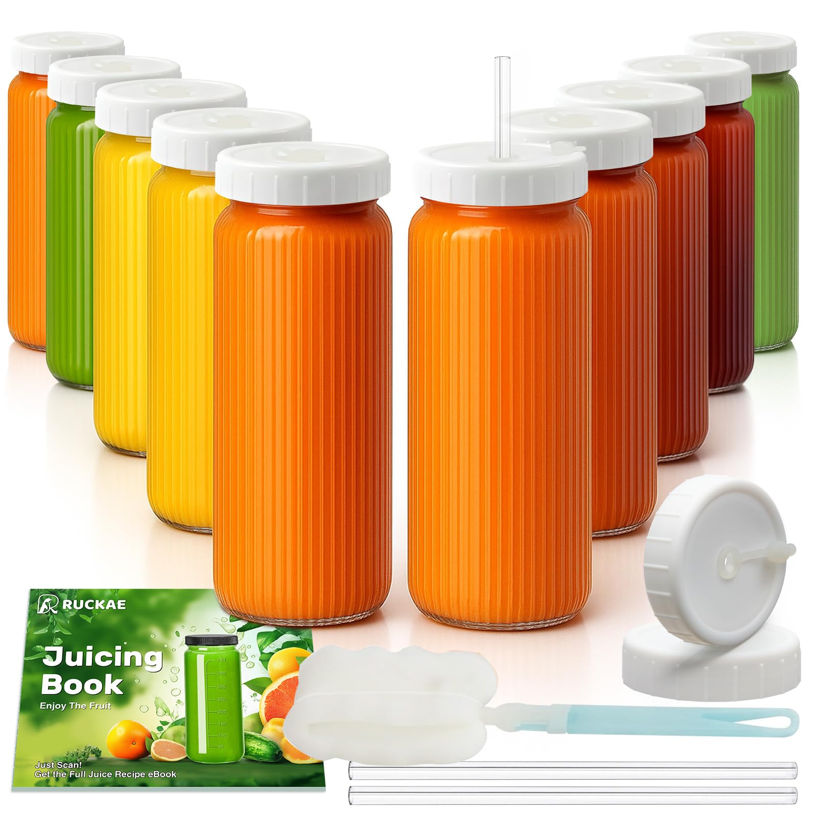 10pack Stripe 16oz Glass Juice Bottles with Lids &amp; Straws &amp; Juicing Recipe