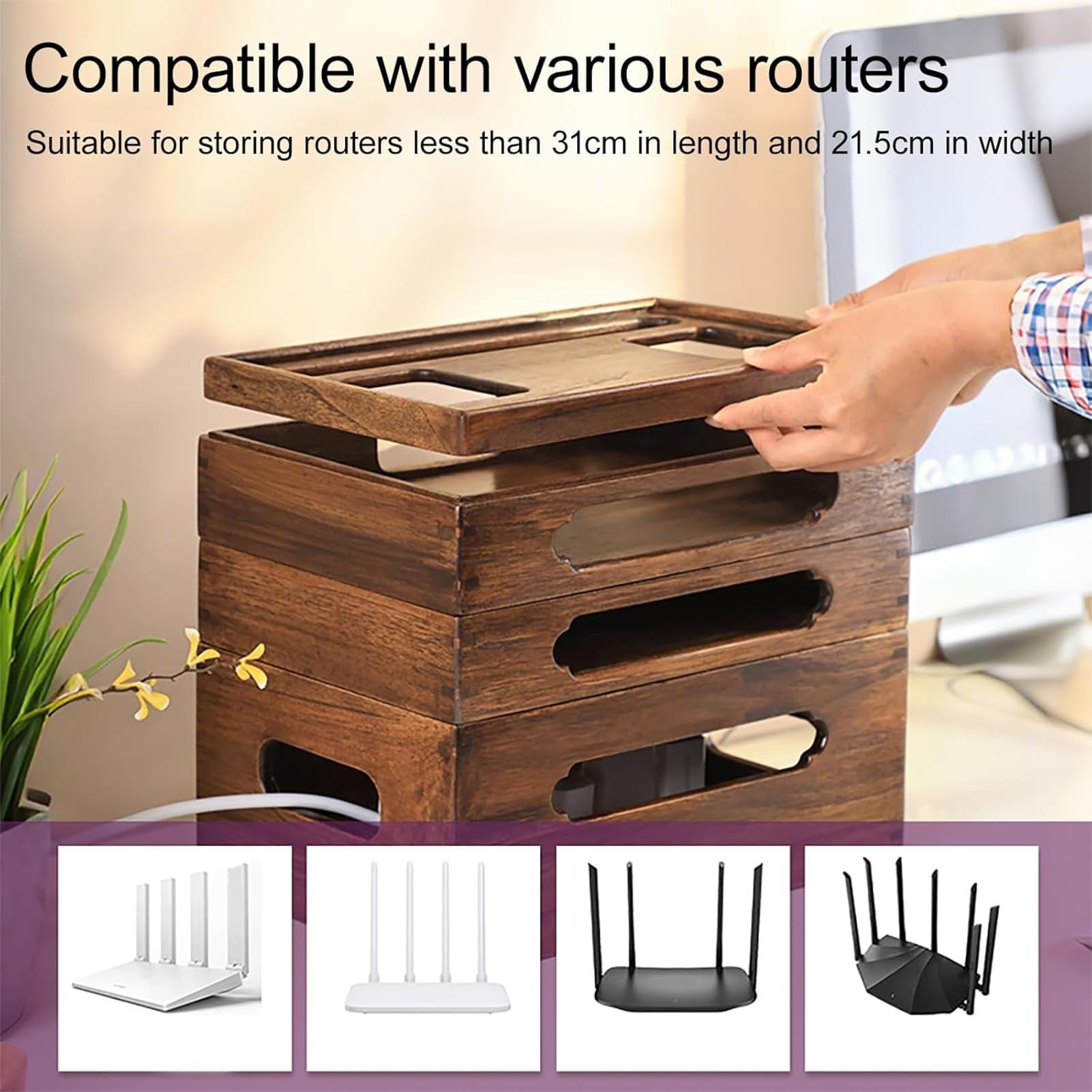 Schowek na Router WiFi, Szafka do Przechowywania Routera, Drewniany Organizer do Zarządzania Kablami, Biurkowy Schowek Wielowarstwowy WiFi, dos Domu I Biura(23.5cm/9.2in)