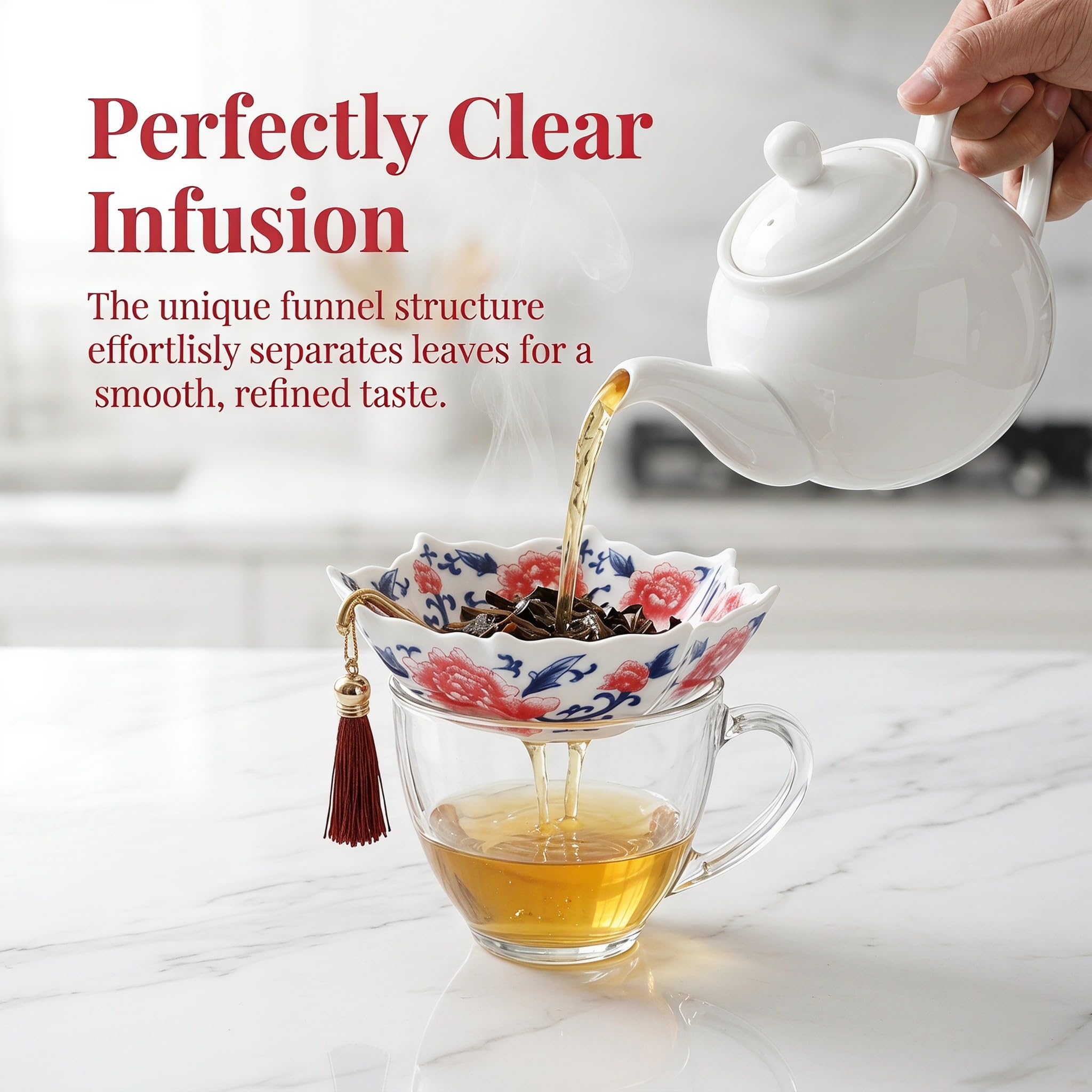 OUNONA 1 juego de colador de té de cerámica con forma de paraguas, filtro azul y blanco con soporte para té de hojas sueltas, accesorio para la ceremonia de beber de Kung Fu chino para el hogar, la