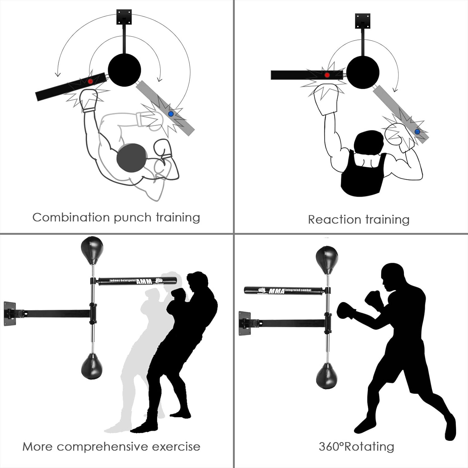 INNOLIFE Boxing Spinning Bar with 2pcs Speed Ball, Multifunction Wall Mounted MMA Speed Trainer,Folding Function Pole