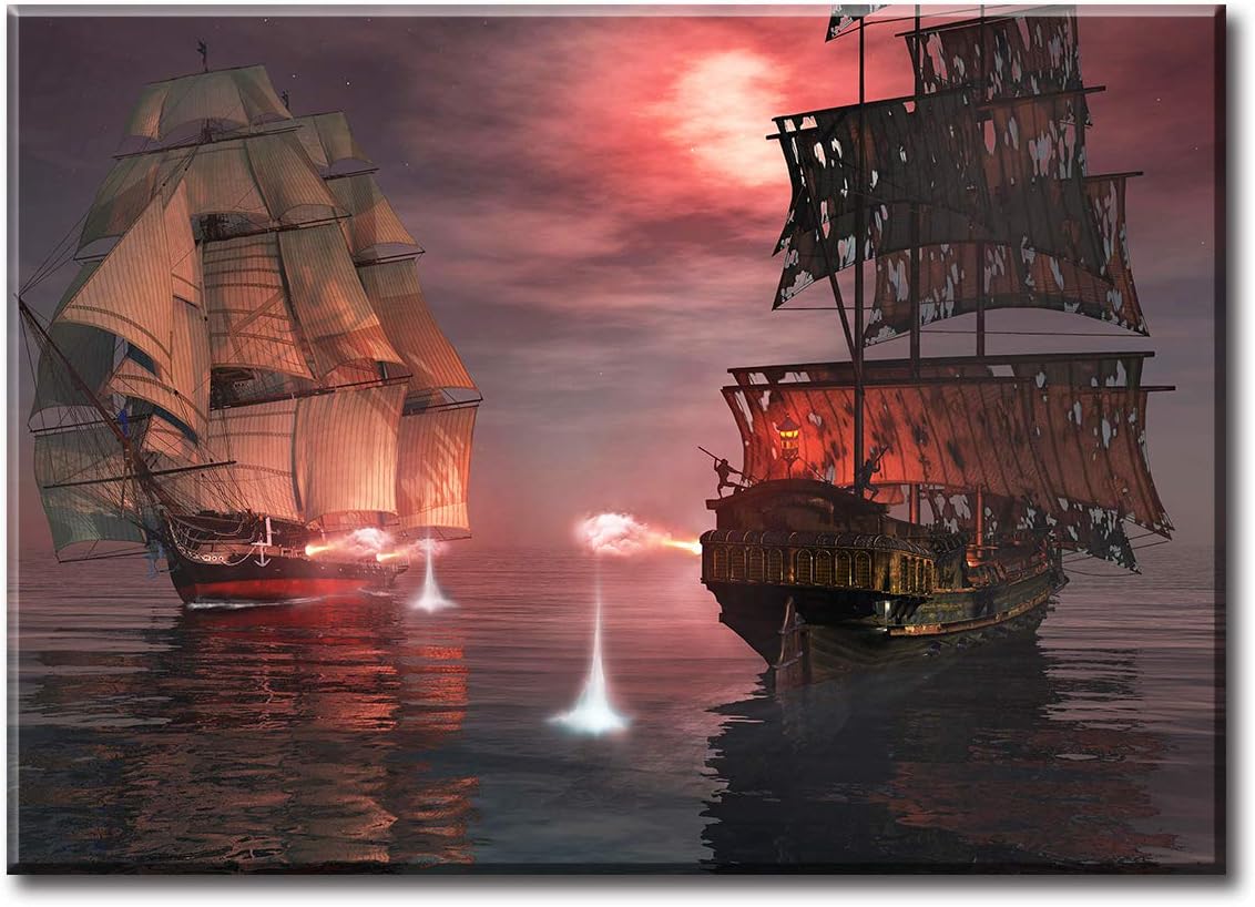BLINFEIRU Viking Decor Ghost Pirate Ship Wall Art Sailboat Seascape Posters Canvas Prints for Boys Bedroom Home Decorations Modern Artwork Wooden Framed 20X28Inch