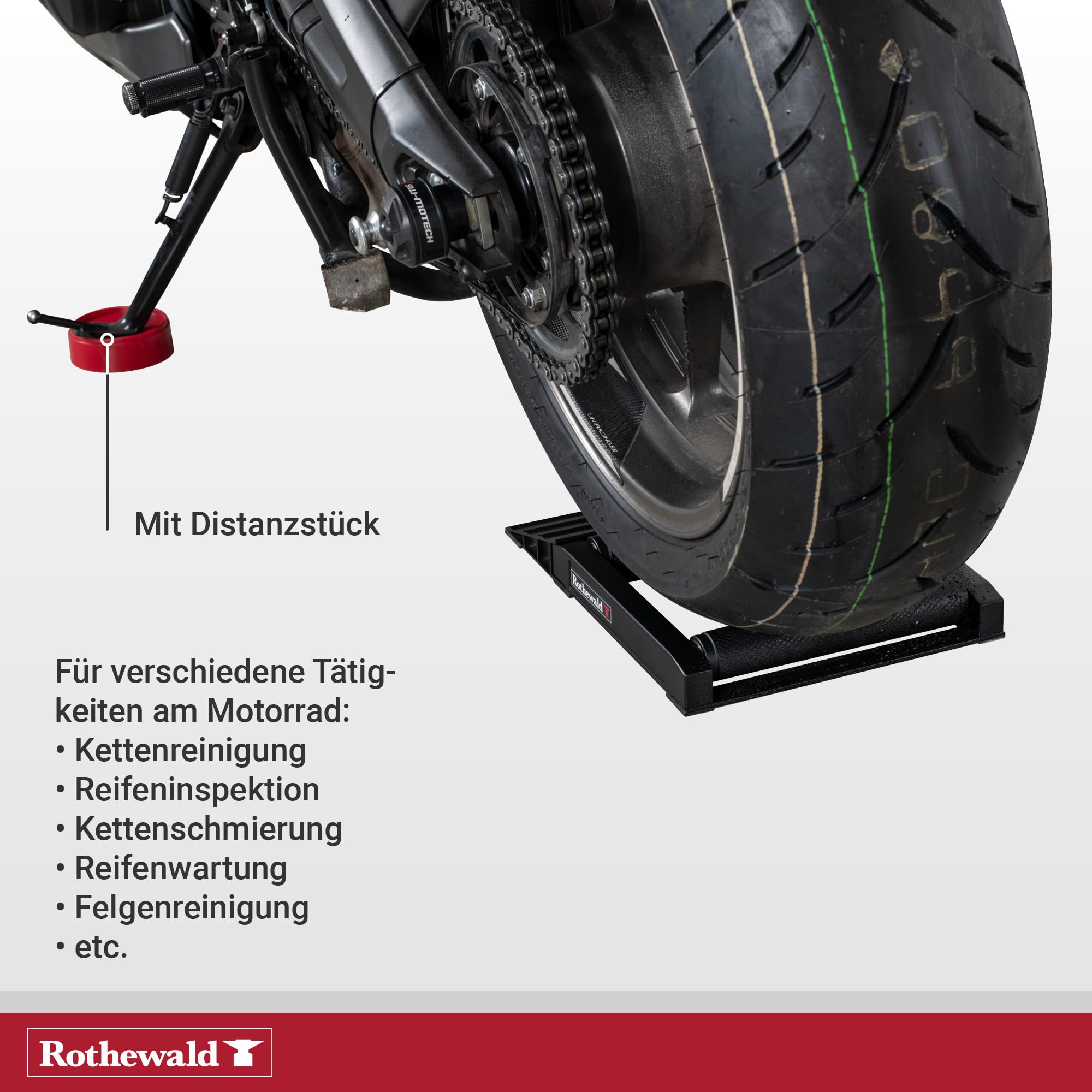 Rothewald Hinterrad Drehhilfe Alu, bis 400kg, Reinigungs-Ständer für Ketten & Reifen, Rollenständer Ideal zur Inspektion, Wartung & zum Kette Schmieren, für das Hinterrad