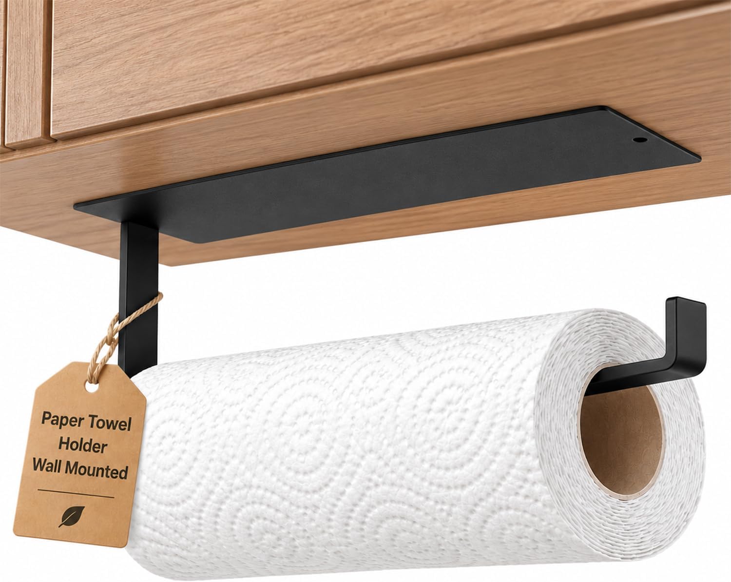 AMERTEER Longer Version Paper Towel Holder Wall Mounted - Paper Towel Holder Under Cabinet, Toilet Roll Holder Self Adhesive, Towel Tissue Paper Hanger For Bathroom, Kitchen (No Drilling, Black)
