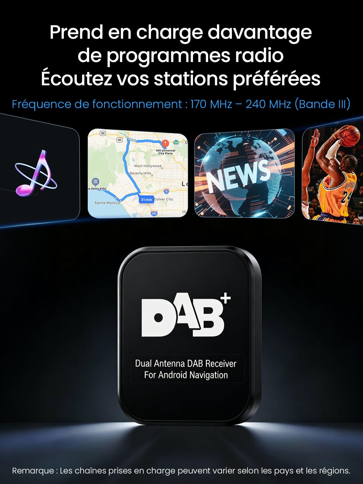 Adaptateur Récepteur Dab+ avec Antenne pour Autoradio Android 5.1+, Syntoniseur Antenne Radio Numérique avec Transmission FM, USB (Uniquement pour Les Pays disposant d'un Signal Dab)