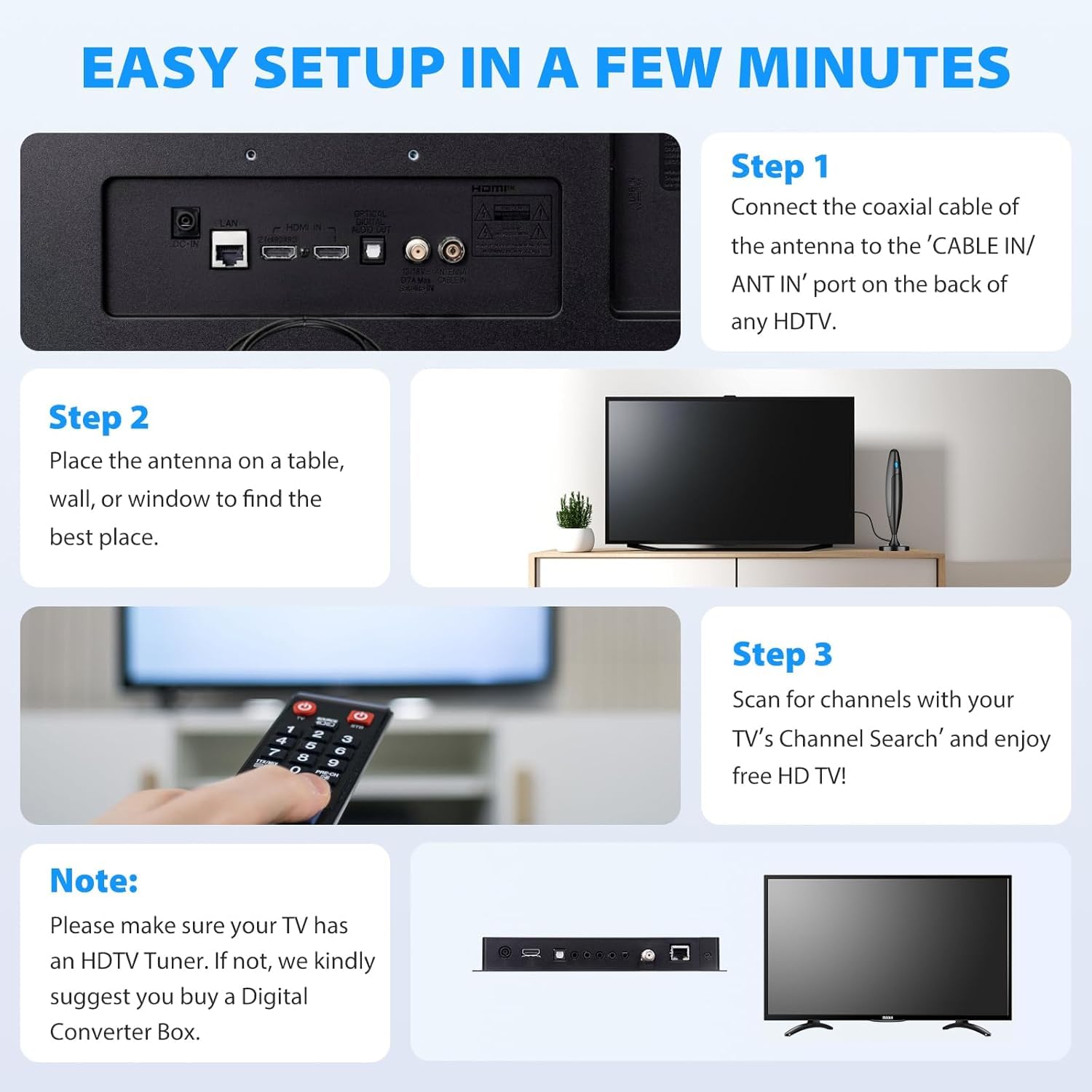 Antena de TV interior mejorada 2026 para Smart TV, recepción de 360°, antena digital con base magnética y amplificador de señal, soporta canales locales libres 4K HD, fácil configuración para