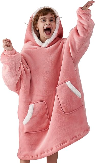 EHEYCIGA Oversized Blanket Hoodie Kids, Sherpa Fleece Snuggle Hoodie Blanket, Fluffy Cozy Wearable Hooded Blanket for Kid, Gifts for Boys Girls Children, Pink, 66x80cm