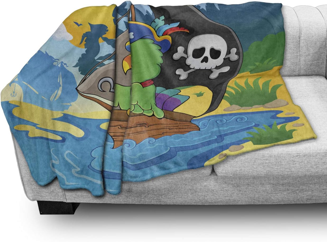 Lunarable Parrots Throw Blanket, Image with Pirate Parrot Theme Boat Danger Skull Crossbones Hat Sun Comic Cartoon, Flannel Fleece Accent Piece Soft Couch Cover for Adults, 50" x 70", Yellow Blue
