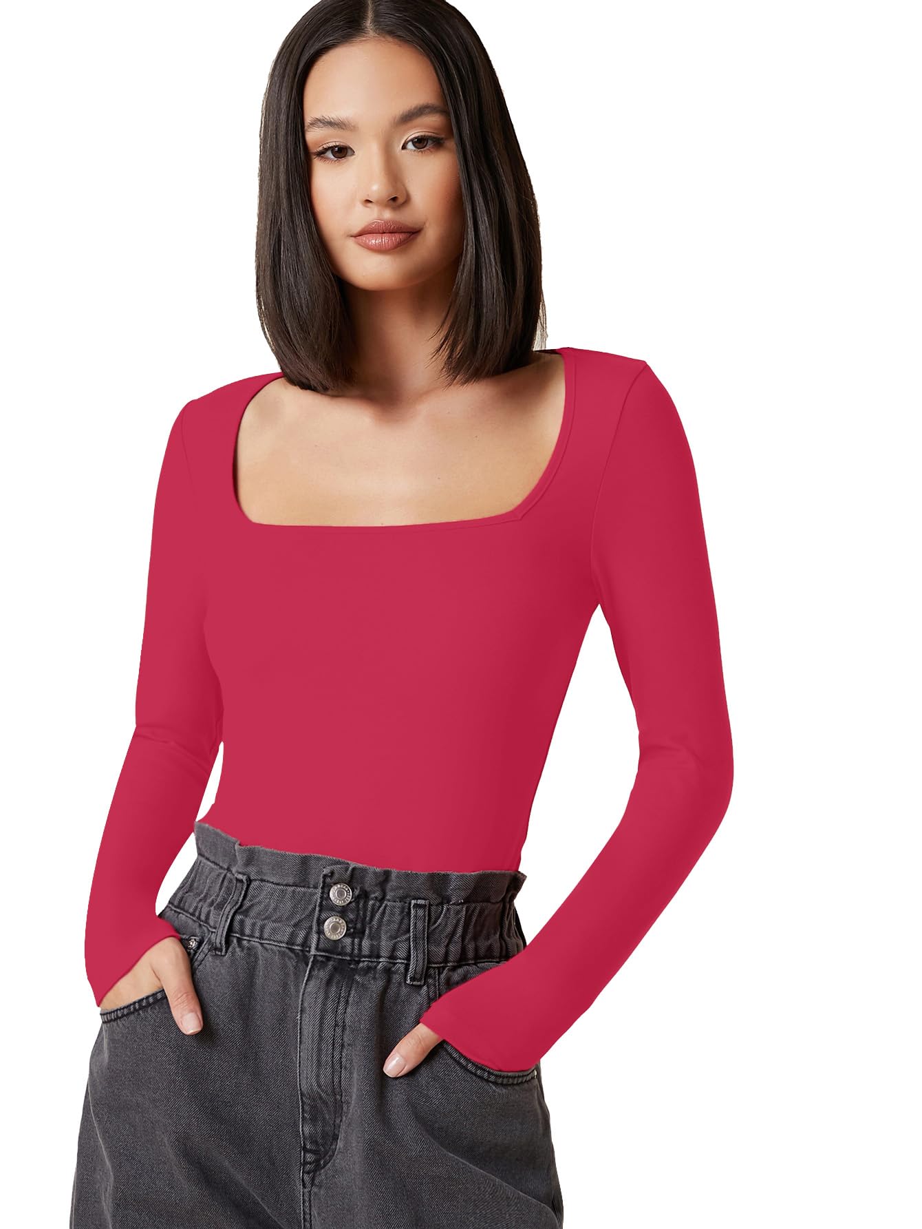 Aahwan Pink Solid Square Neck Long Sleeve Slim Fit Top/T-Shirt For Women & Girls (157-Pink-L) (B09D3TH6QJ) Amazon Price History, Amazon Price Tracker
