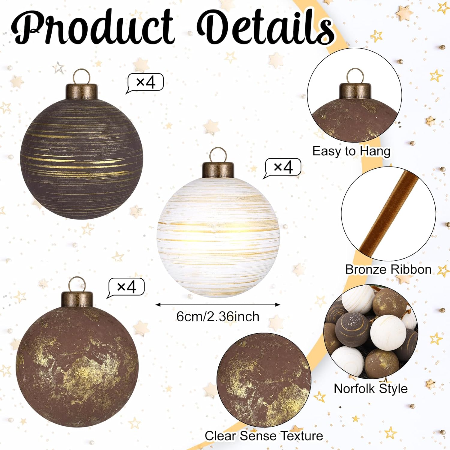 12 Pcs Textured Christmas Ball Ornaments 2.36 Inch Vintage Xmas Hanging Ornaments Earth Toned Farmhouse Balls for Xmas Tree Wreath Garland Holiday Decoration - Image 2