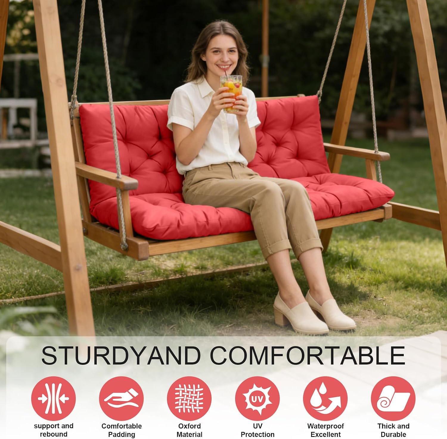 Porch Swing Cushions, Outdoor Swing Replacement Cushions 3 Seater with Backrest, Waterproof Bench Cushion with Ties,for Patio,Porch, Garden,Backyard