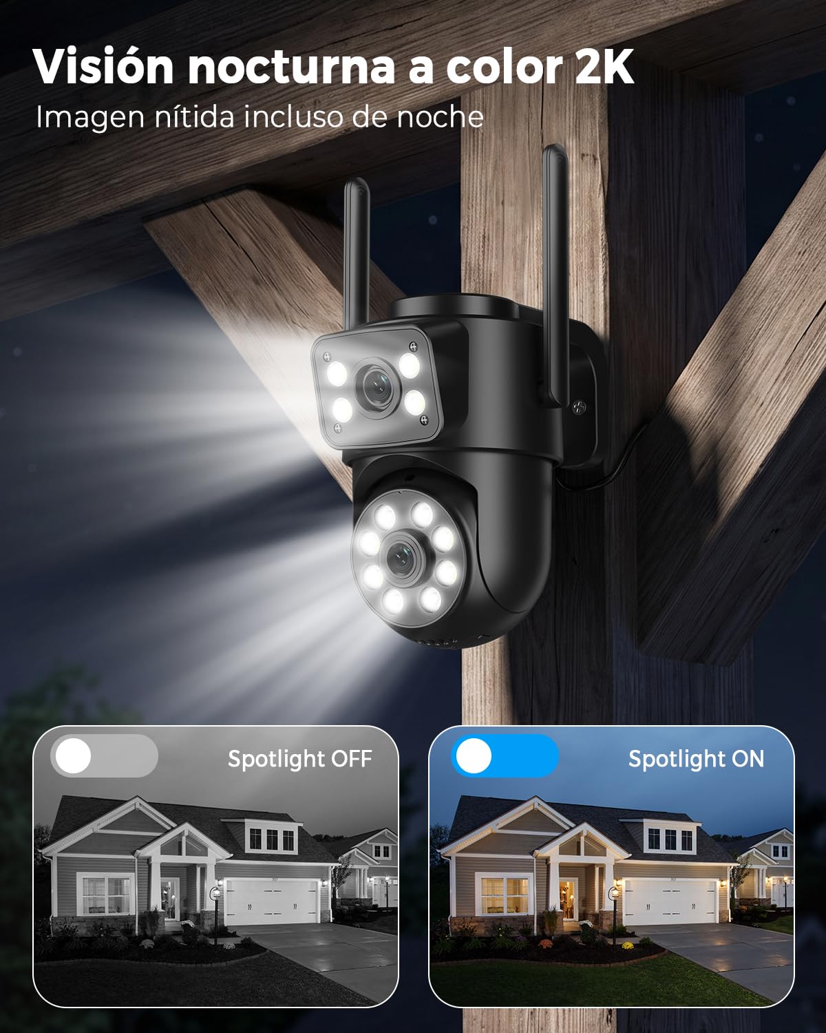 Reobiux 2K PTZ IP Camara Vigilancia WiFi Exterior con Doble Lente, 1 Pack | Seguimiento Automático, Visión Nocturna Color, Audio Bidireccional, Grabación Local, Impermeable IP66, Tecnología PTZ