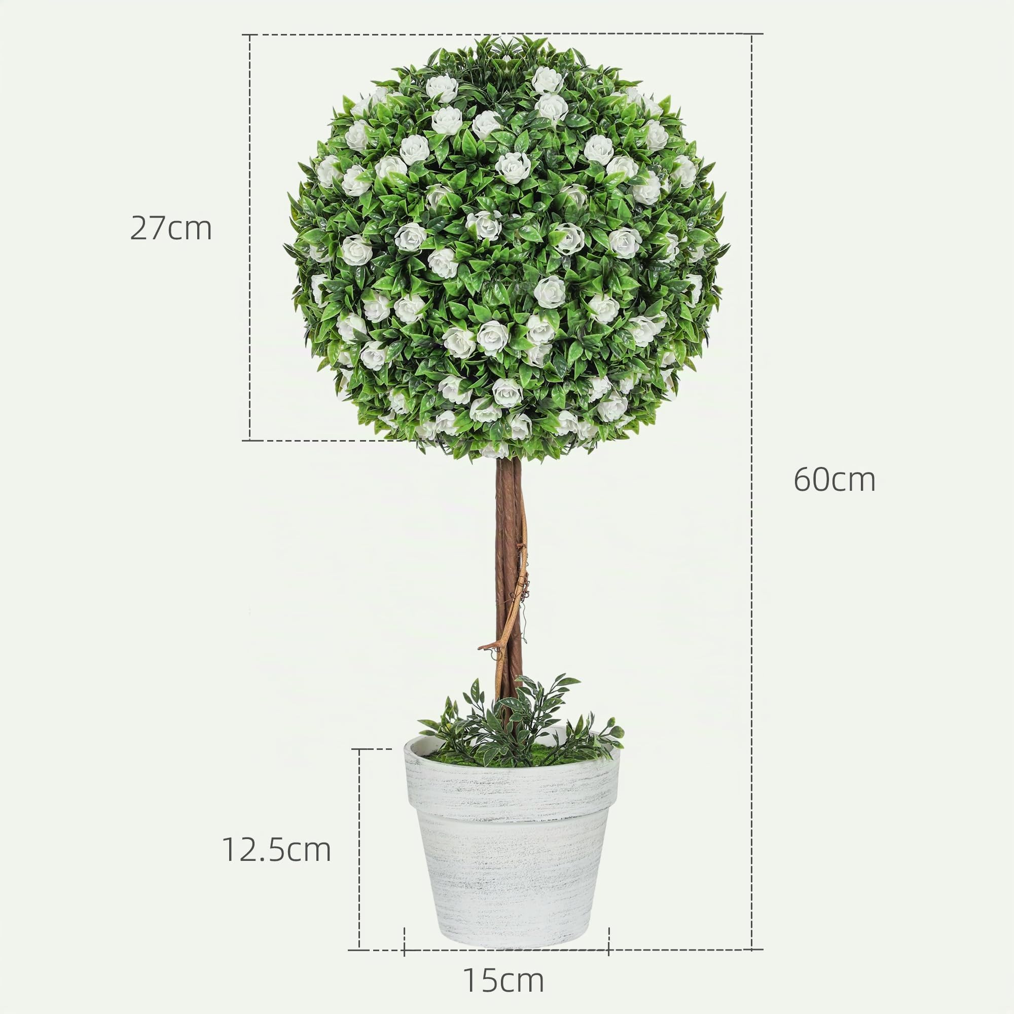 HOMCOM Lot de 2 Plantes artificielles Topiaire Boule 60cm Blanc | Fleur de rose en pot, fausses plantes, déco intérieur/extérieur