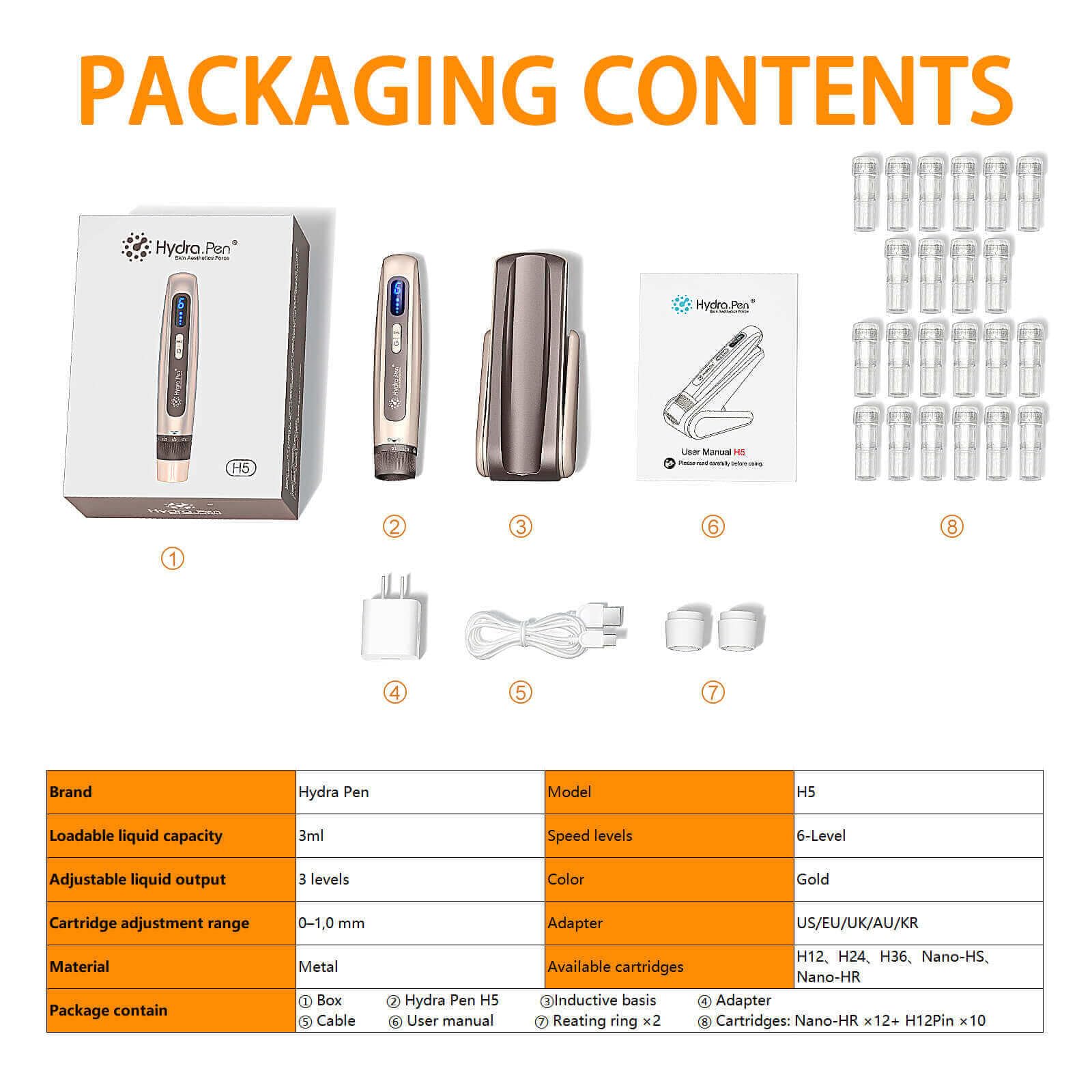 Hydra.Pen H5 Gold - Set di dispositivi di bellezza wireless con 22 cartucce (12 × NanoR e 10 × 12 pin), tecnologia EMS, 6 velocità regolabili, display a LED, tipo C, strumento per la cura del viso e