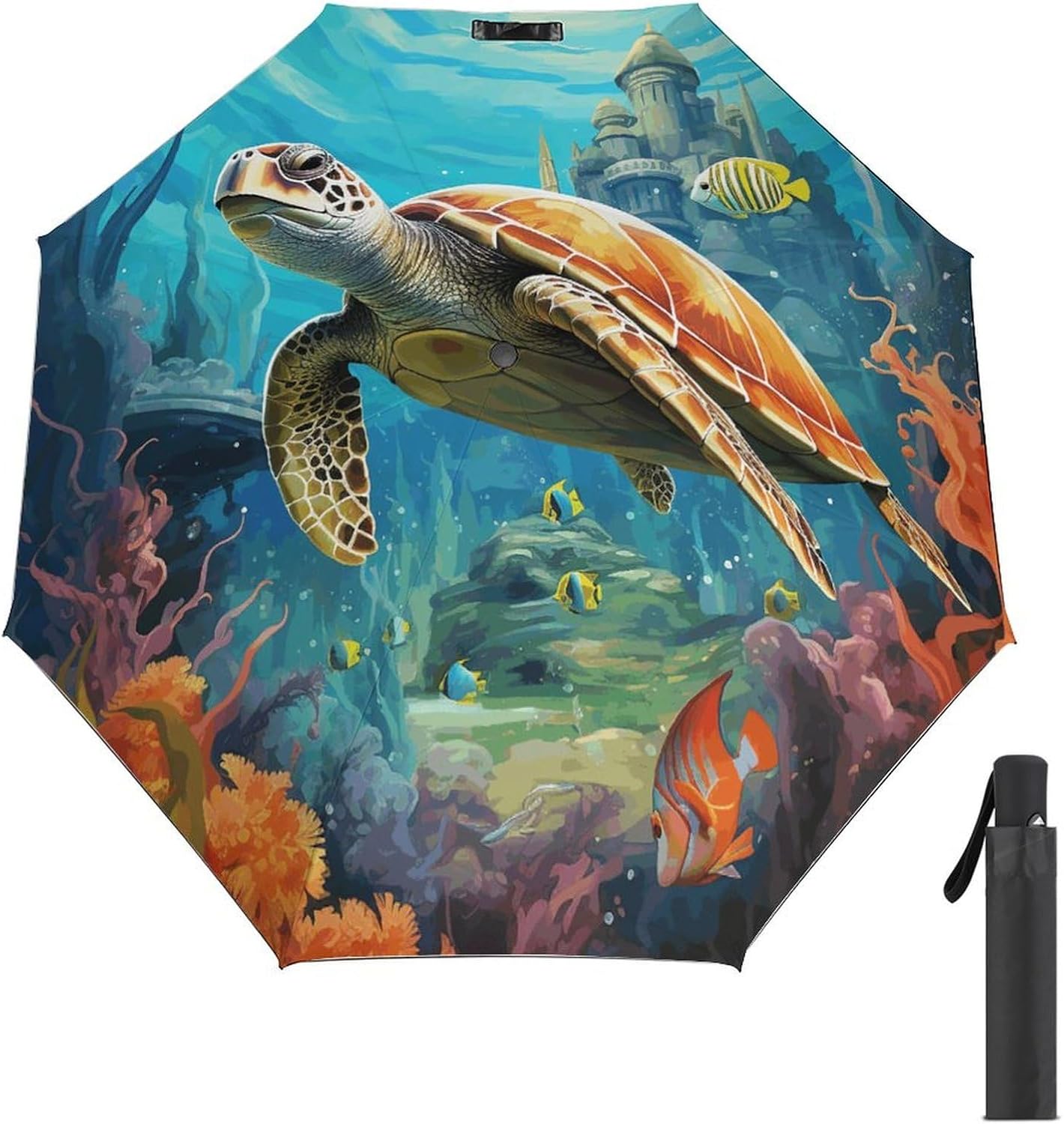 Dolphins Sea Turtle Coral Reef Windproof Travel Umbrella, One-Click Automatic Open And Close, Portable Compact Folding Umbrella for Women Men, Fits Backpack & Car