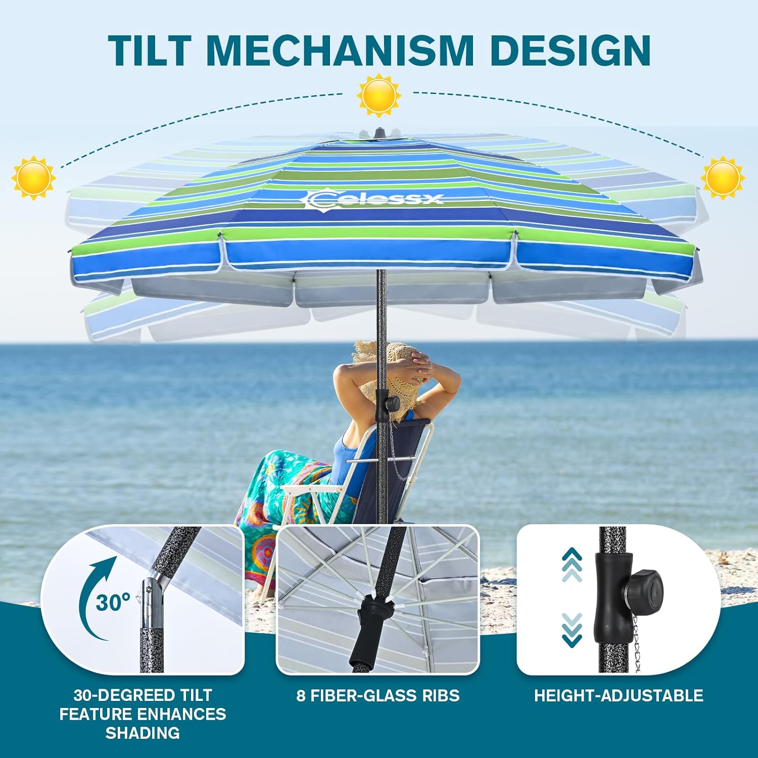 Beach Umbrella for Sand - Windproof Heavy Duty Iron Pole with Sand Anchor, UPF 50+ UV Protection & Tilt Mechanism, Portable Sun Shade Parasol, Carrying Bag for Beach Patio Garden Outdoor