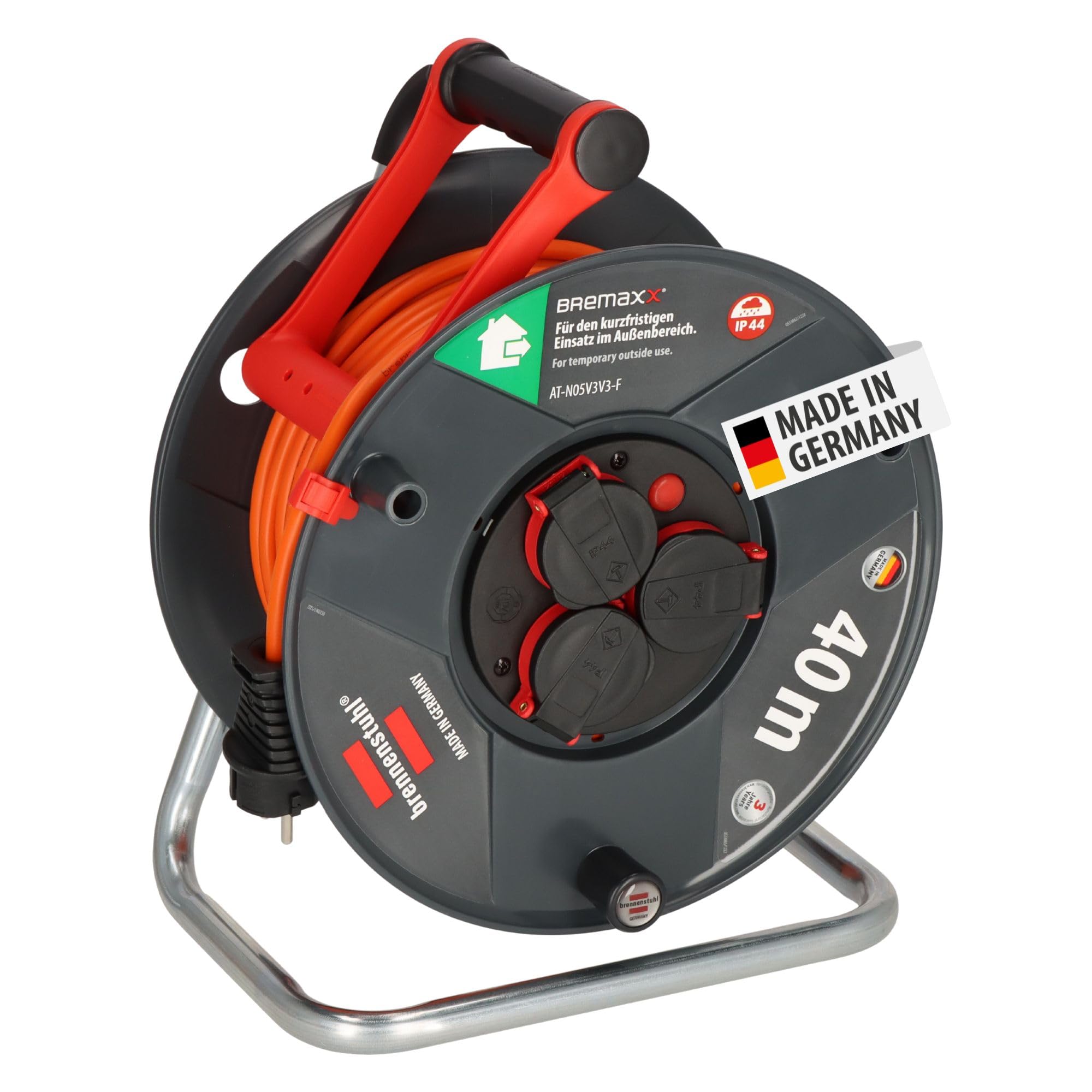 Brennenstuhl Garant V2 IP44 Kabeltrommel 40m Outdoor (Made in Germany, 3 Schutzkontakt-Steckdosen, Überhitzungsschutz, kurzfristiger Einsatz im Außenbereich)