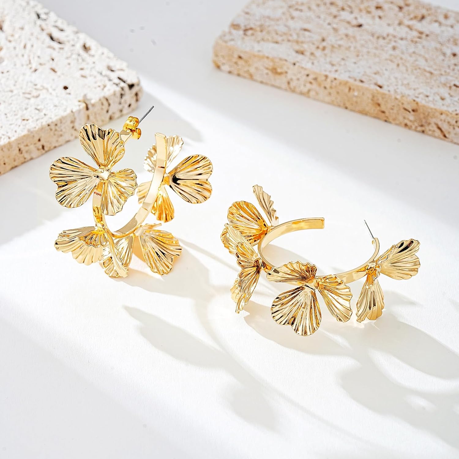 Chunky Flower Hoop Earrings for Women 14K Gold Plated Boho Hoops Hypoallergenic Dangling Big Floral Earrings Trendy Jewelry Gifts - Image 7