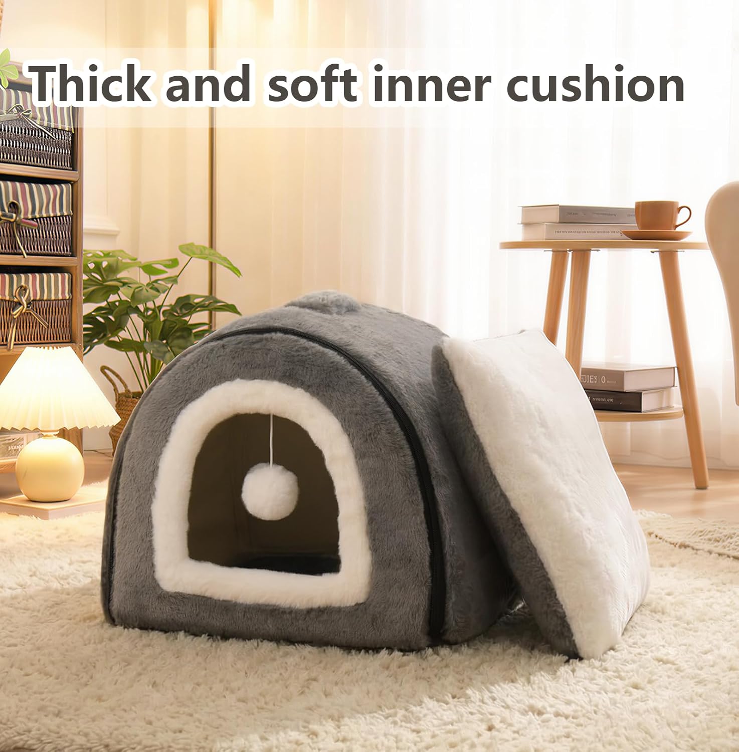 Cat Bed for Indoor Cats，Foldable cat cave，Anti-Slip & Water-Resistant Bottom，cat Houses for Indoor Cats or Small Dogs, Kitten Tent, Rabbit Bed，2 in 1 pet Bed (Dark Grey)