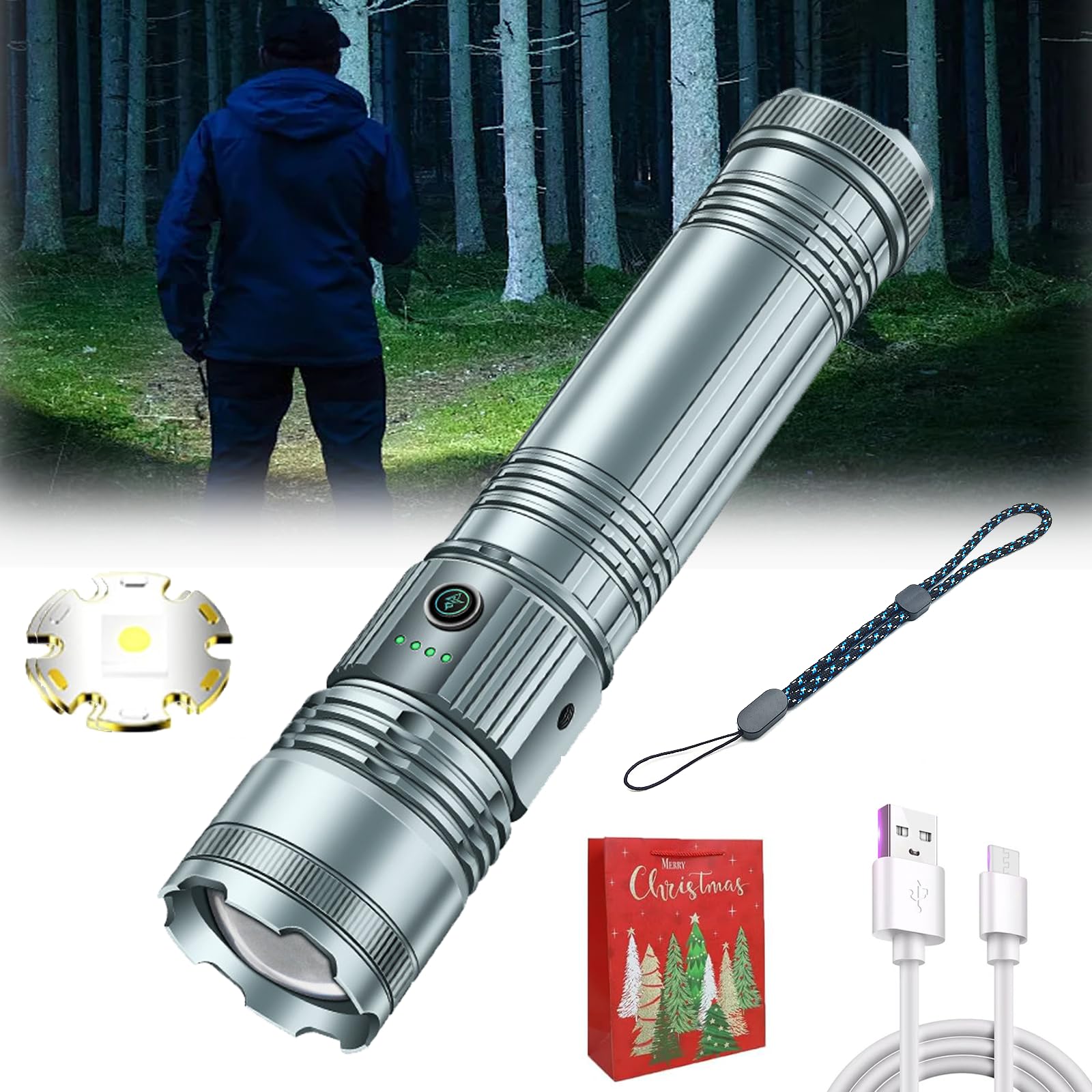 Torchmaster X9 Linterna táctica multimodo, linterna Torchmaster X9, linterna Torchmaster con 8 modos, linternas LED de alto lúmenes, linternas recargables, zoom ajustable (B)