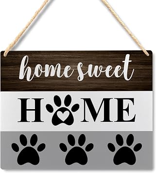 Home Sweet Home Dog Paw Signs for Front Door, Wooden Plaque Wall Hanging, 10.2x7.8 Inches