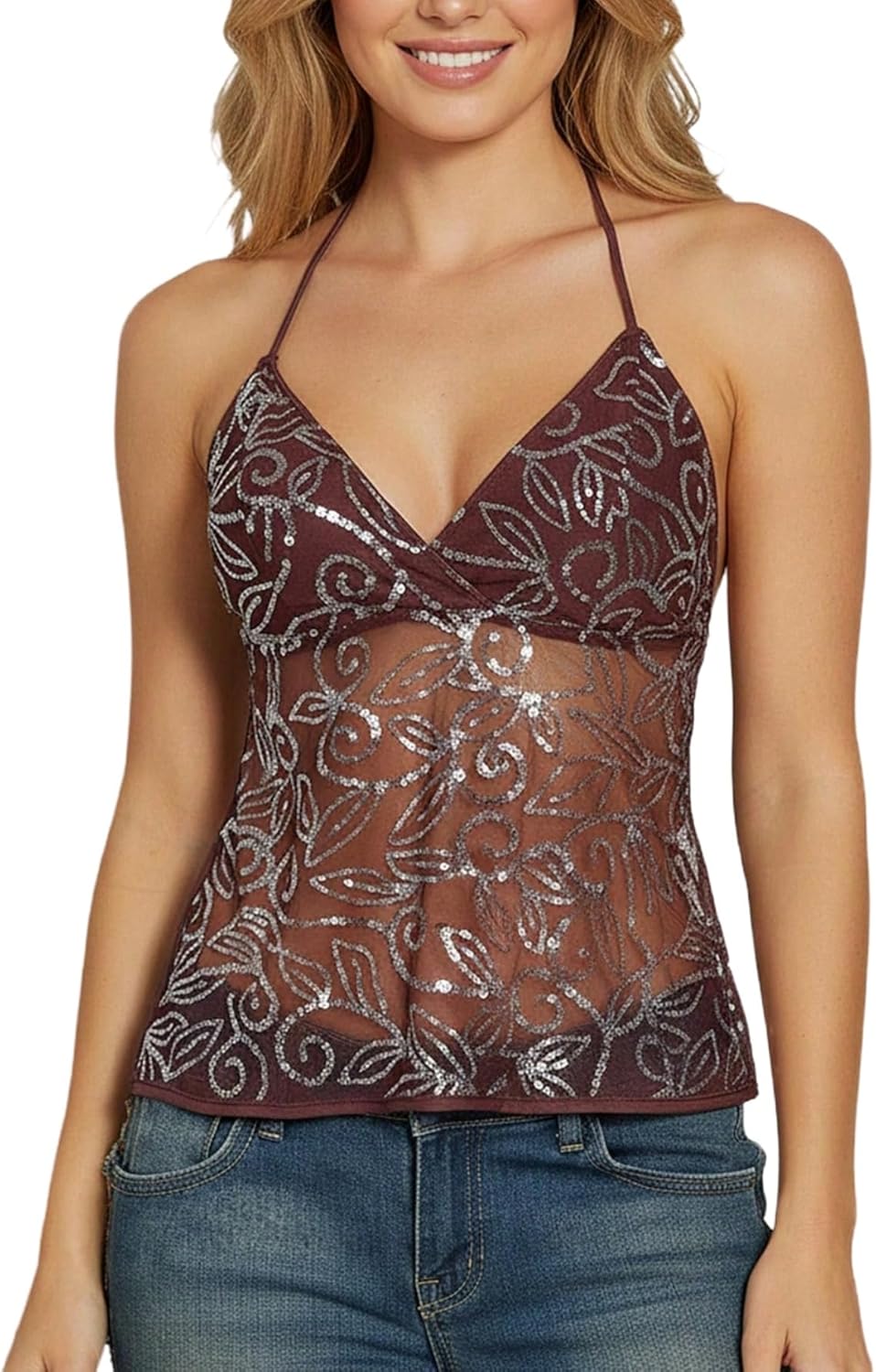 MakeMeChic Women's Glitter Sequin Mesh Sheer Halter Top Summer Tie Backless Y2K Party Crop Tops