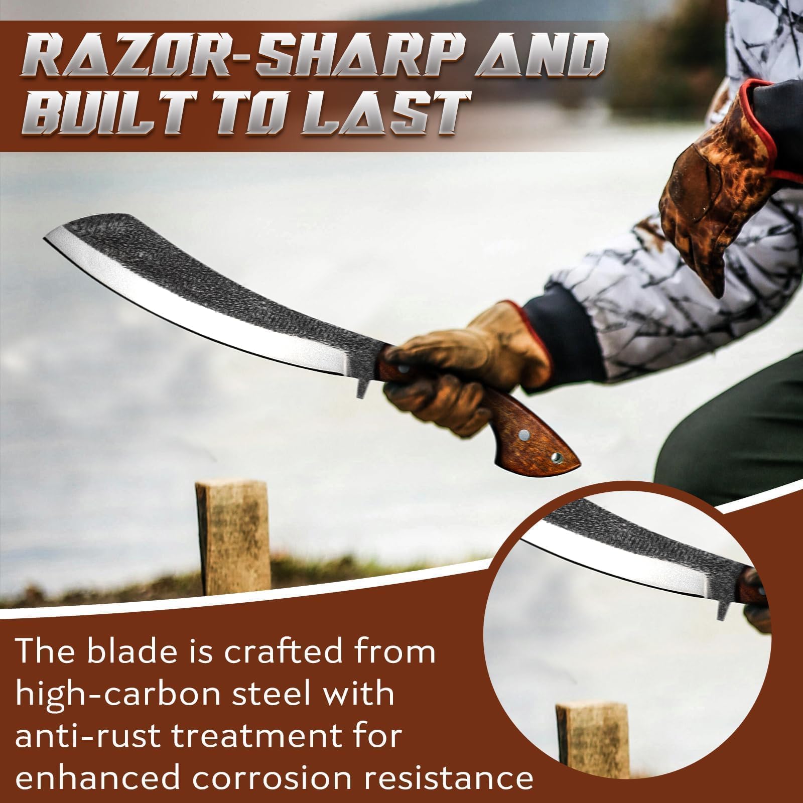 Golden Bird Outdoor Messer Survival Machete Großes Full Tang Design mit Holzgriff und Eichenholz-Scheide – Präzise Bushcraft Messer für Camping, Gartenarbeit und Überlebenssituationen- Geschenke