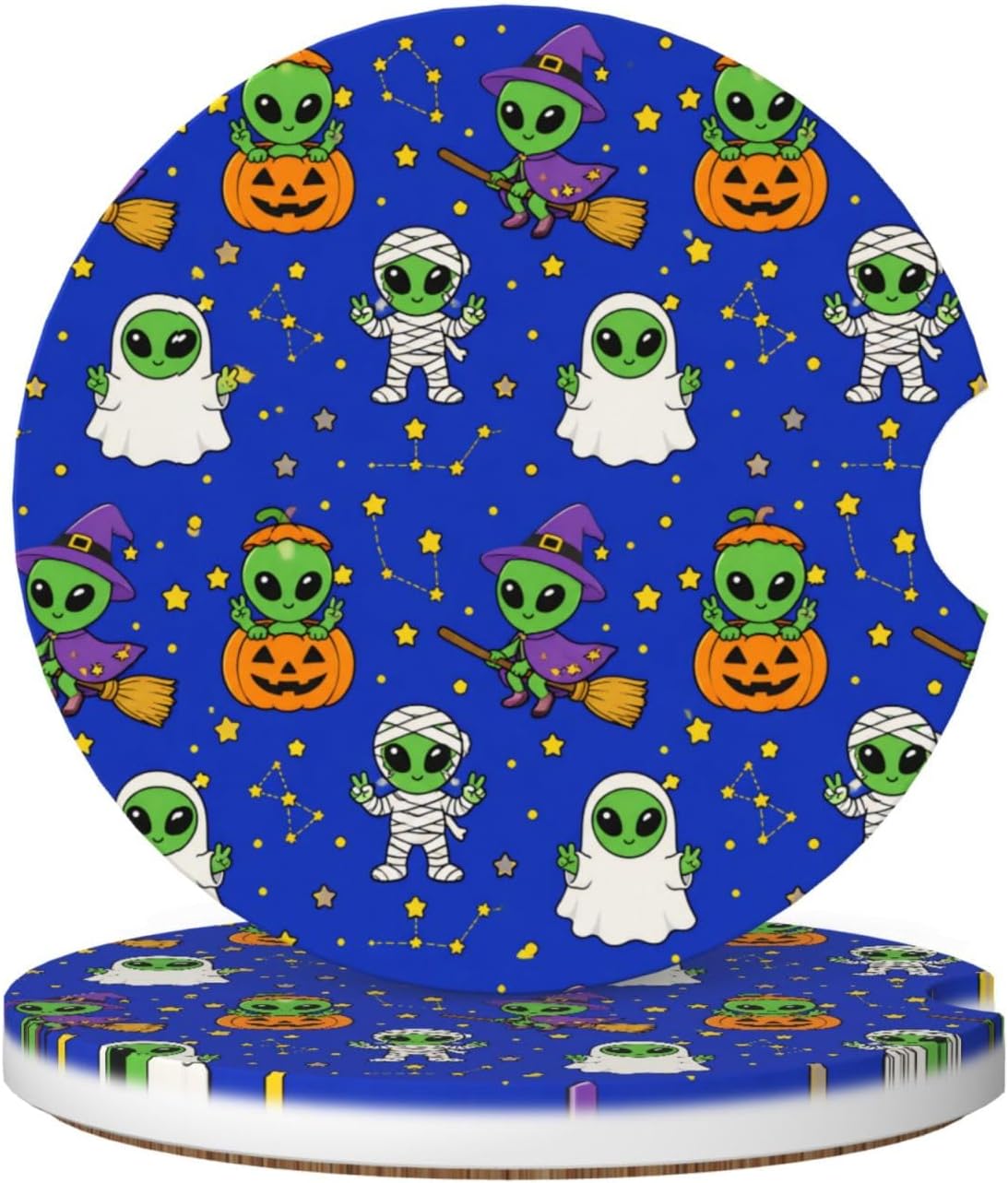 2 Pack Car Coasters Absorbent Ceramic - Halloween Cute Outer Space Alien Decor, 2.56" Anti-Slip Cork Base Cup Holder Coasters, Car Interior Accessories for Women Men