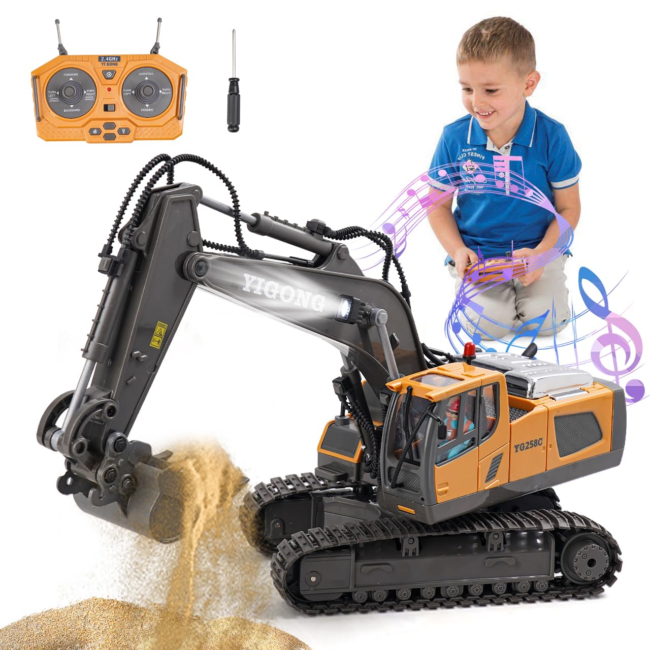 Escavatore Telecomandato per Ragazzi e Ragazze di età Superiore a 5 anni, Macchinine RC da 2.4 GHz con Luce, Suono e Rotazione a 680 °, Regalo Compleanno Giocattolo da Costruzione