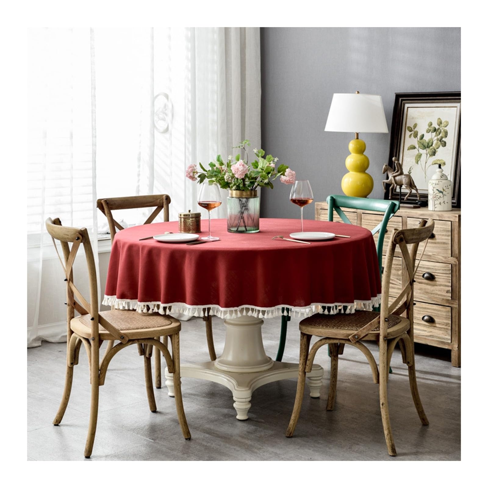 Nappe ronde rouge 200 cm polyester anti-taches franges KnSam