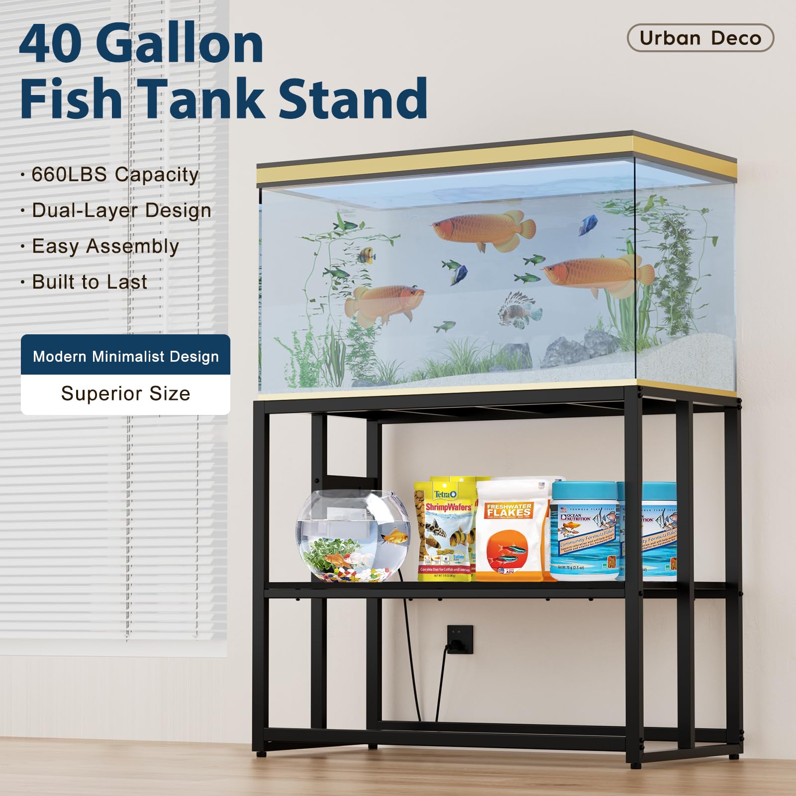 Urban Deco Support d'aquarium de 40 gallons avec prises de courant, capacité de 300 kg, support d'aquarium en métal, support de terrarium à double couche, noir