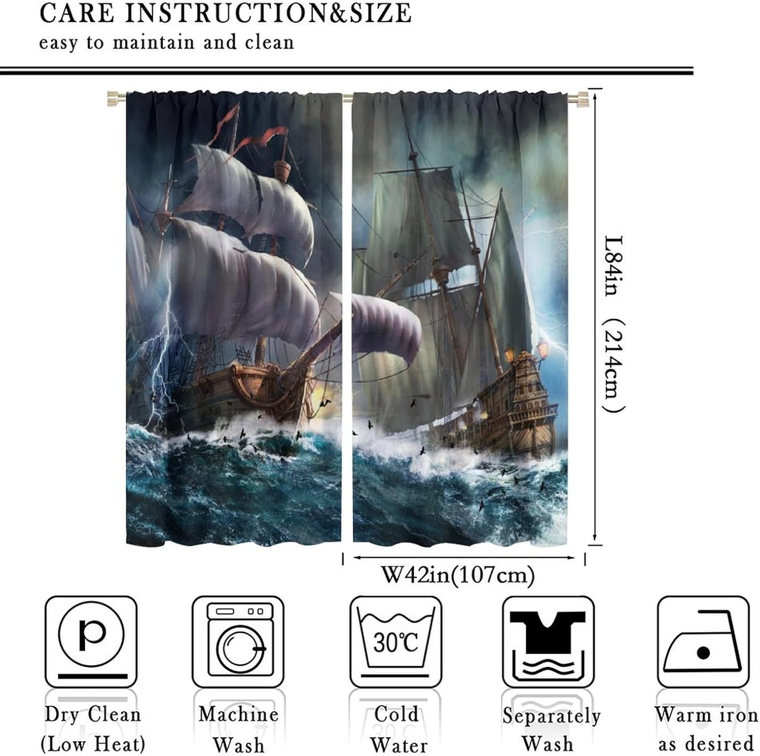 Brebasf Abstract Nautical Pirate Ship Blackout Rod Pocket Curtains,Vintage Mid Century Wooden Board Battleship Ocean Wave Thermal Insulation Room Darkening Window Drapes 2 Panels 84" L x 42" W